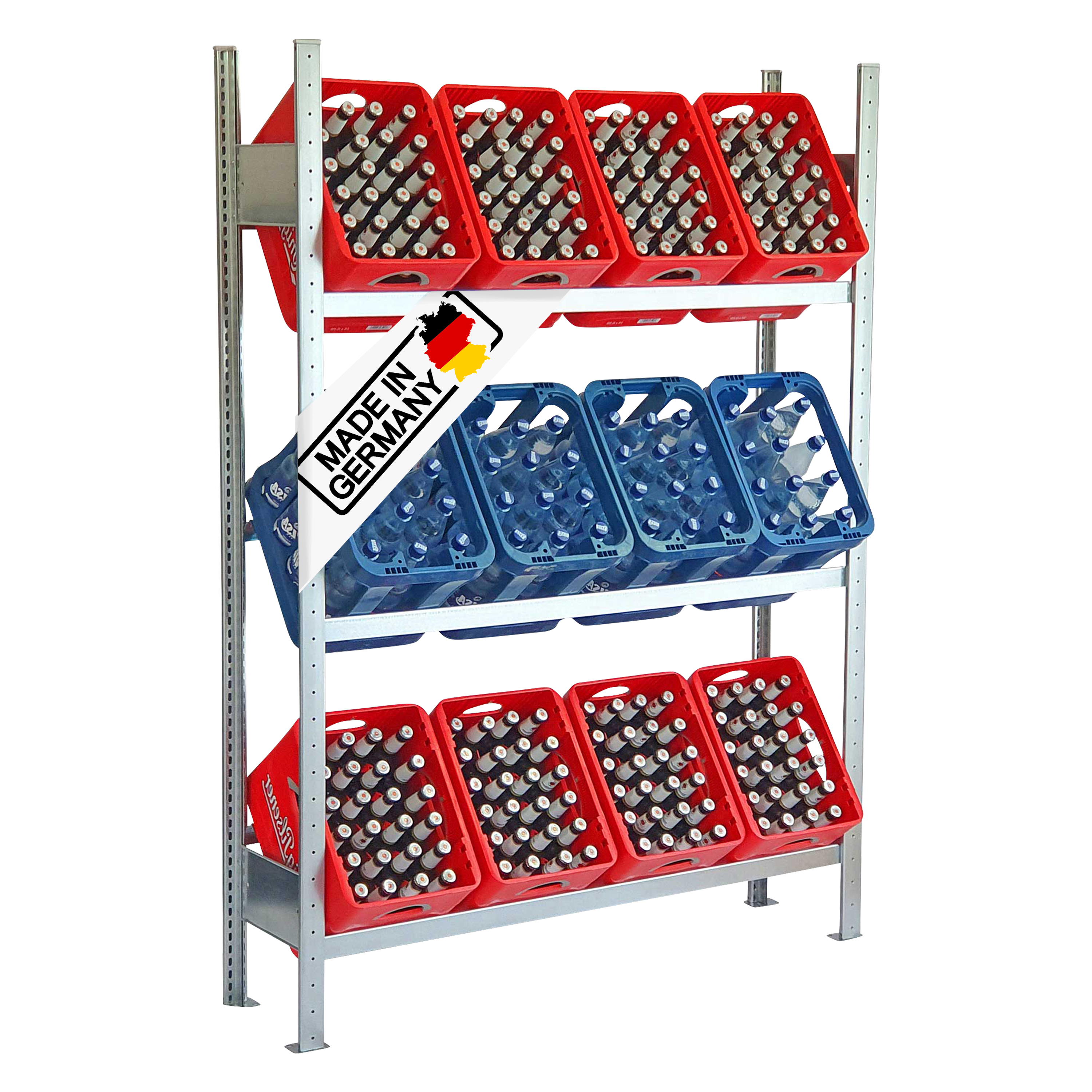 Getränkekistenhalter 185×130 cm – 3 Ebenen, ohne Fachboden, Grundregal, verzinkt