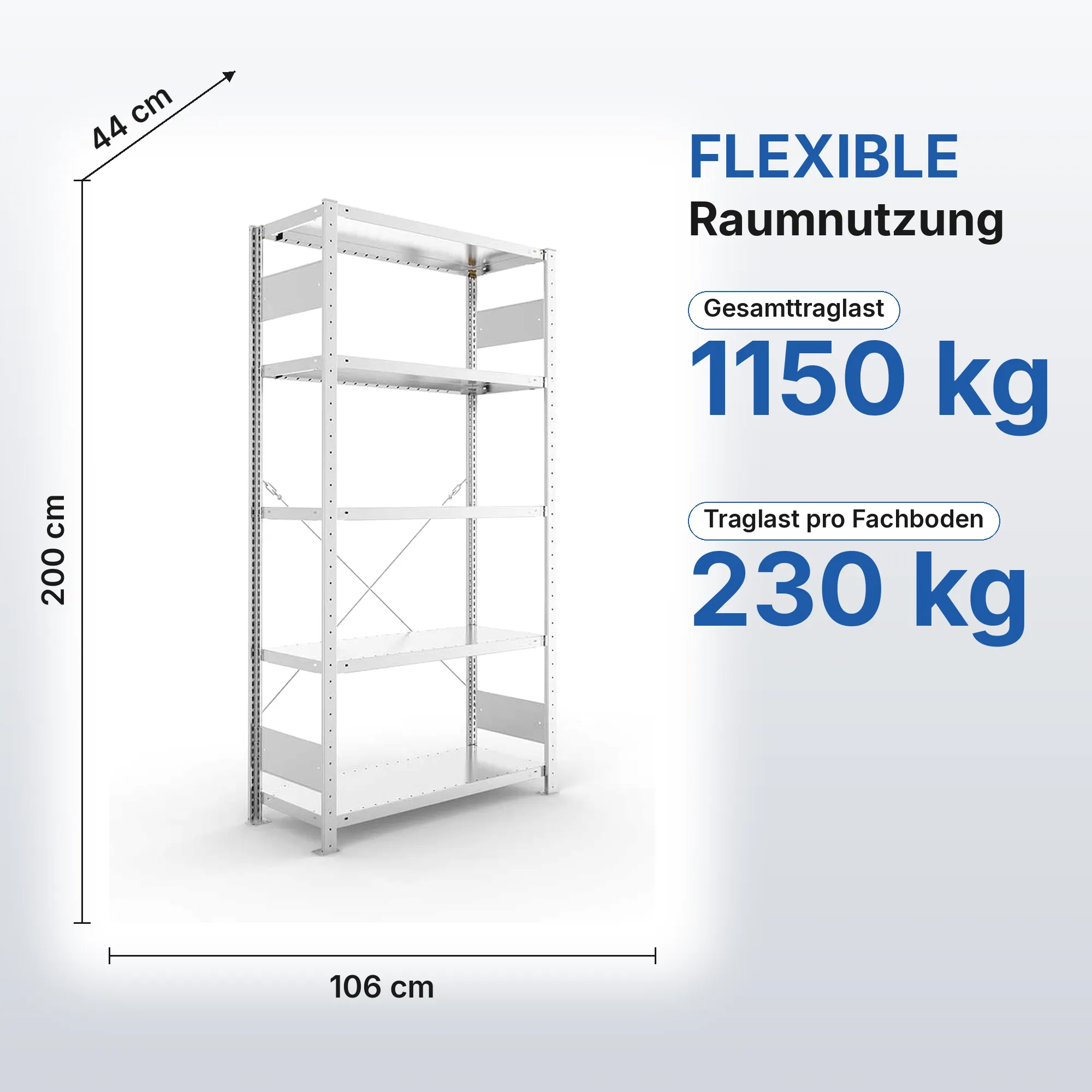 Metallregal Pro-Flex Stecksystem Grundregal – 200×100×40 cm, 230 kg, verzinkt, 5 Böden