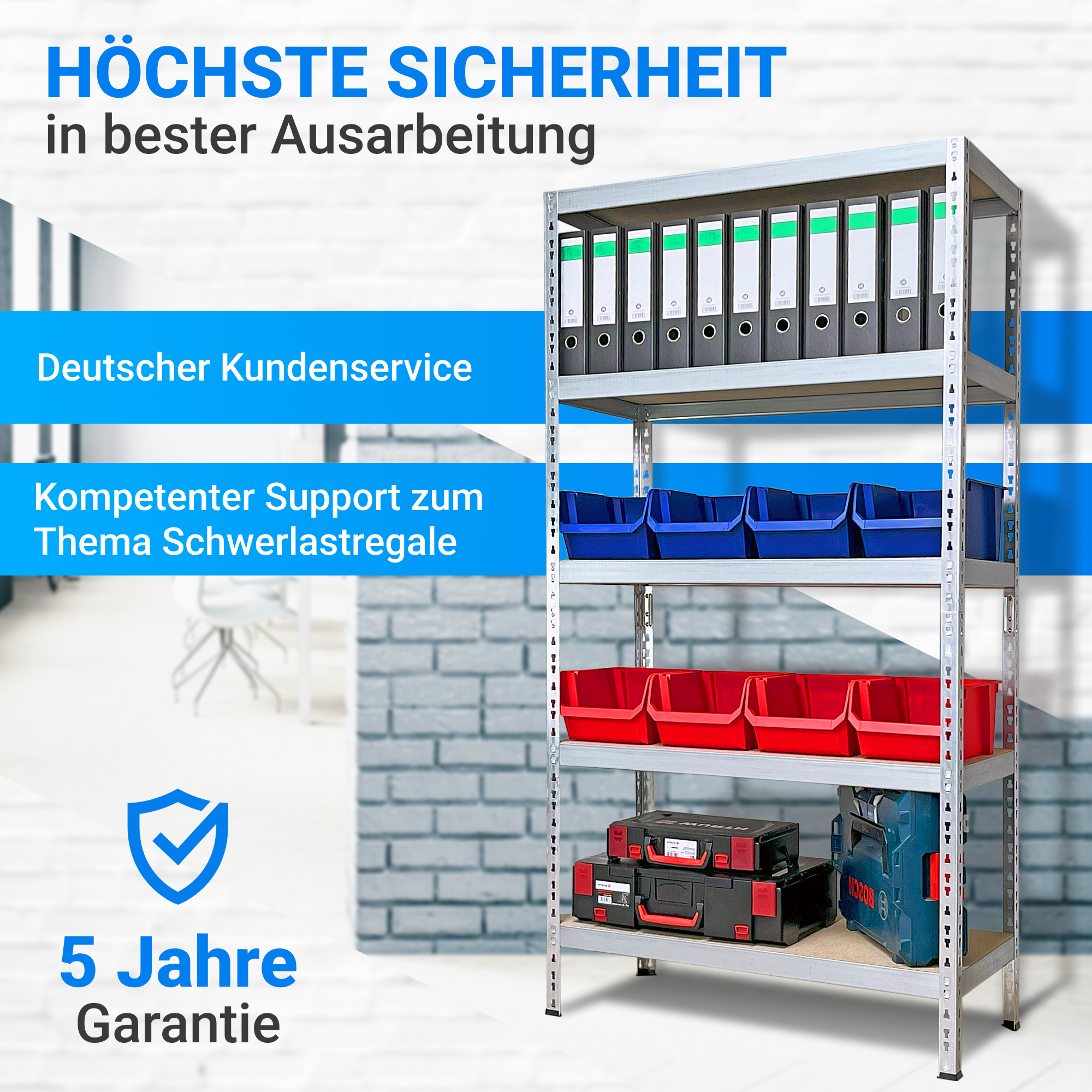 Metallregal Robust 180 x 92 x 46 cm, verzinktes Steckregal mit 5 Holzböden, Fachlast 175 kg – Produktabbildung