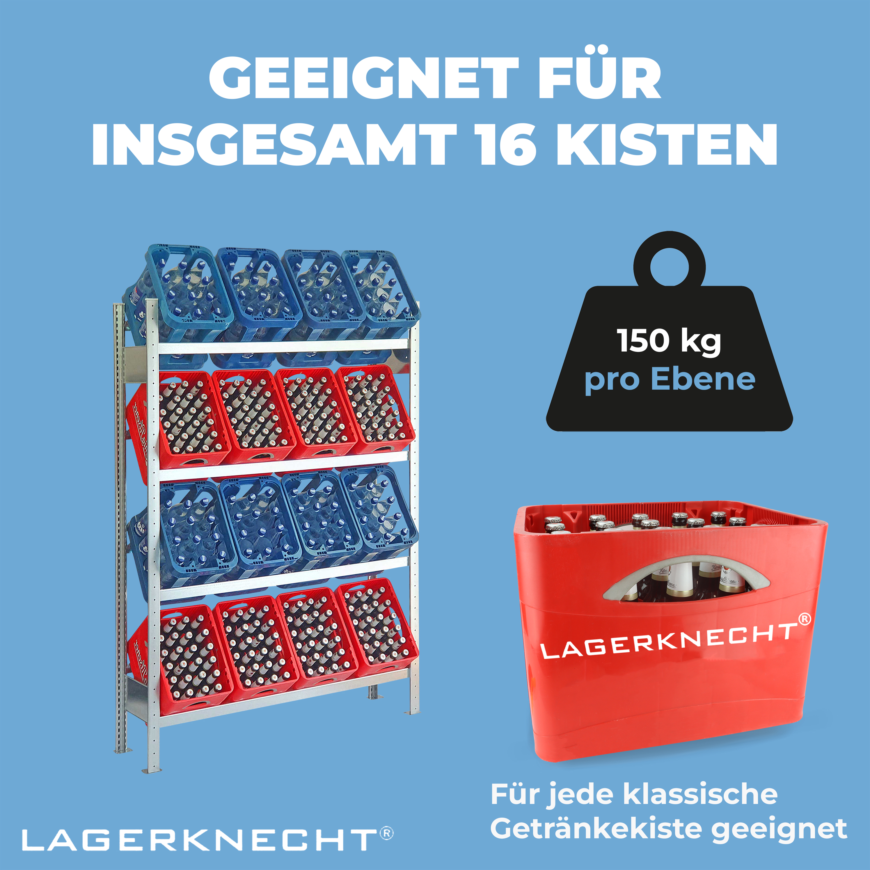 Getränkekistenregal 185×130 cm – 4 Ebenen, Grundregal, verzinkt