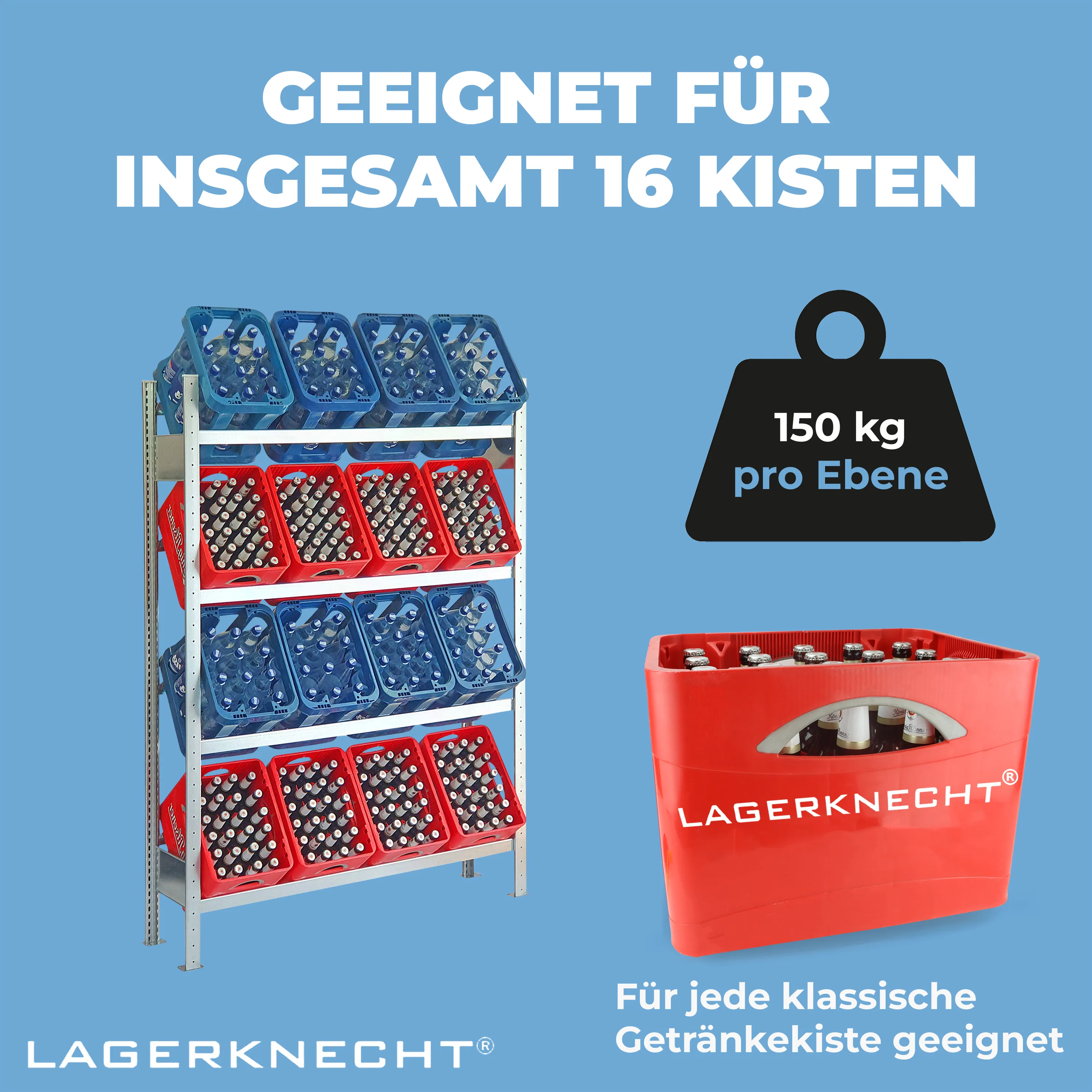Getränkekistenregal 185×130 cm – 4 Ebenen, Grundregal, verzinkt