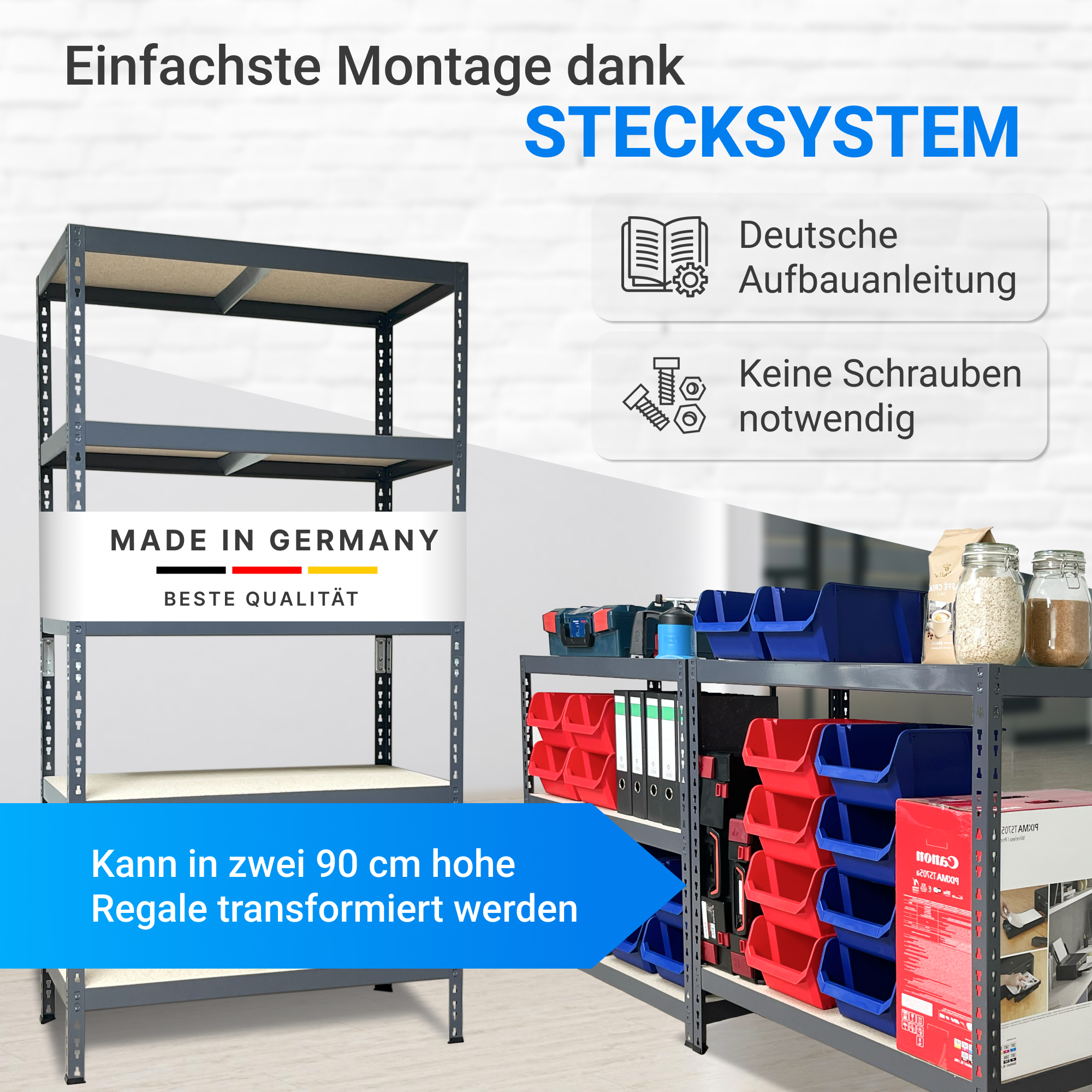 Steckregal 185x92x46cm, 5 Holzböden anthrazit RAL 7024, 265 Kg Tragkraft pro Boden, verpackt zu 32 Stück pro Europalette