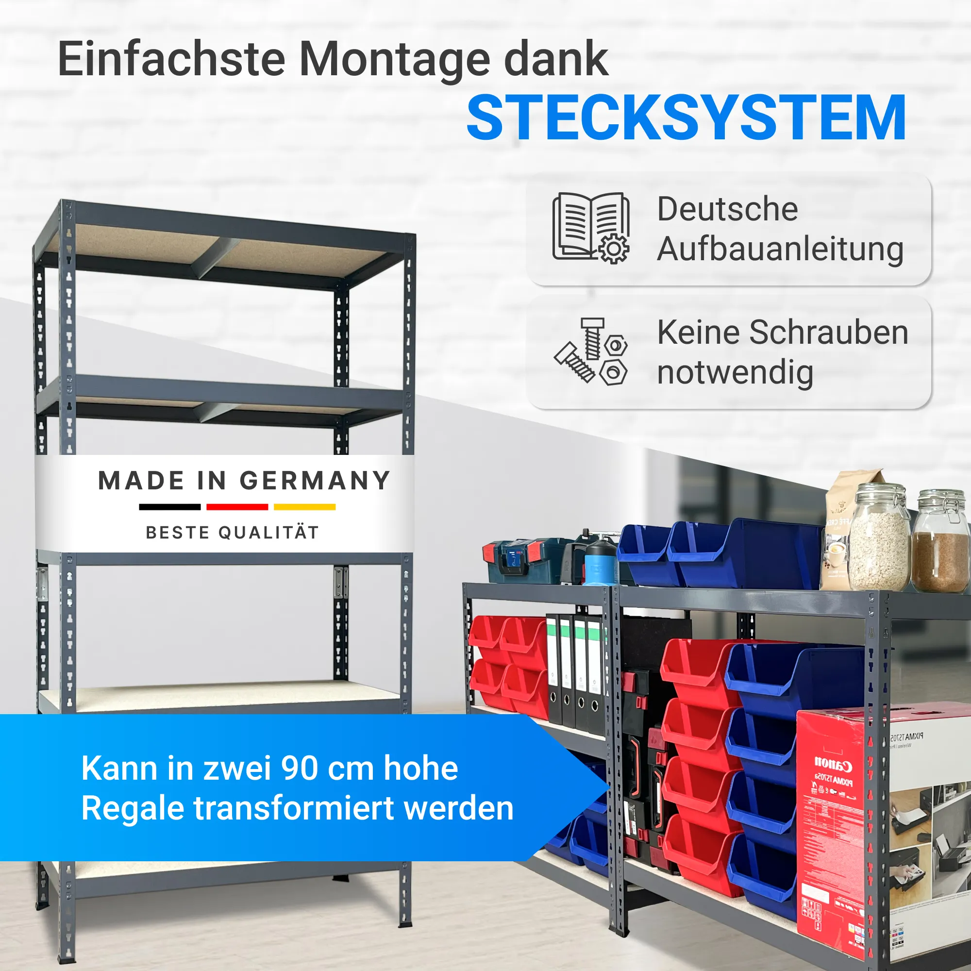 Steckregal 185x92x46cm, 5 Holzböden anthrazit RAL 7024, 265 Kg Tragkraft pro Boden, verpackt zu 32 Stück pro Europalette