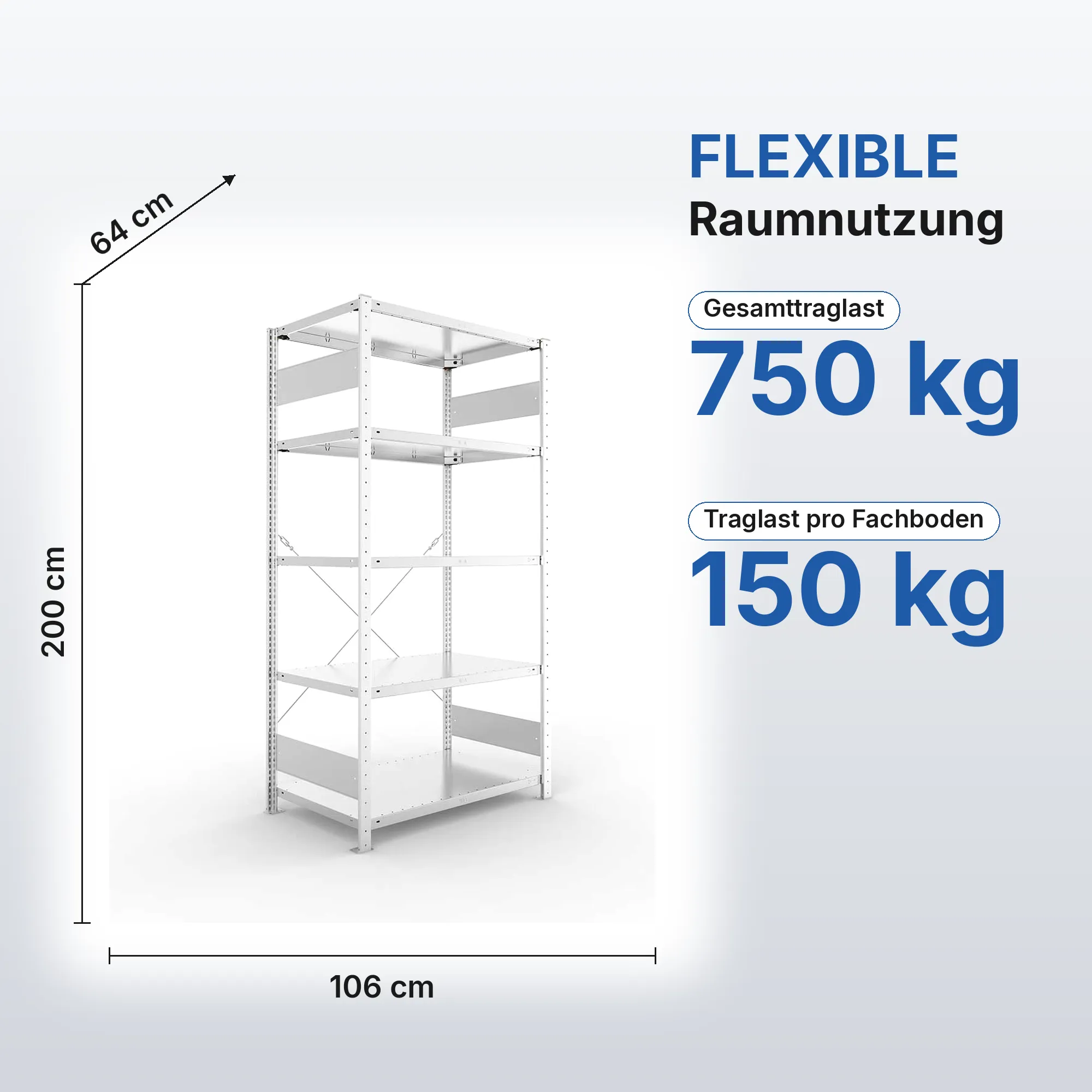 Metallregal Pro-Flex Stecksystem Grundregal – 200×100×60 cm, 150 kg, verzinkt, 5 Böden