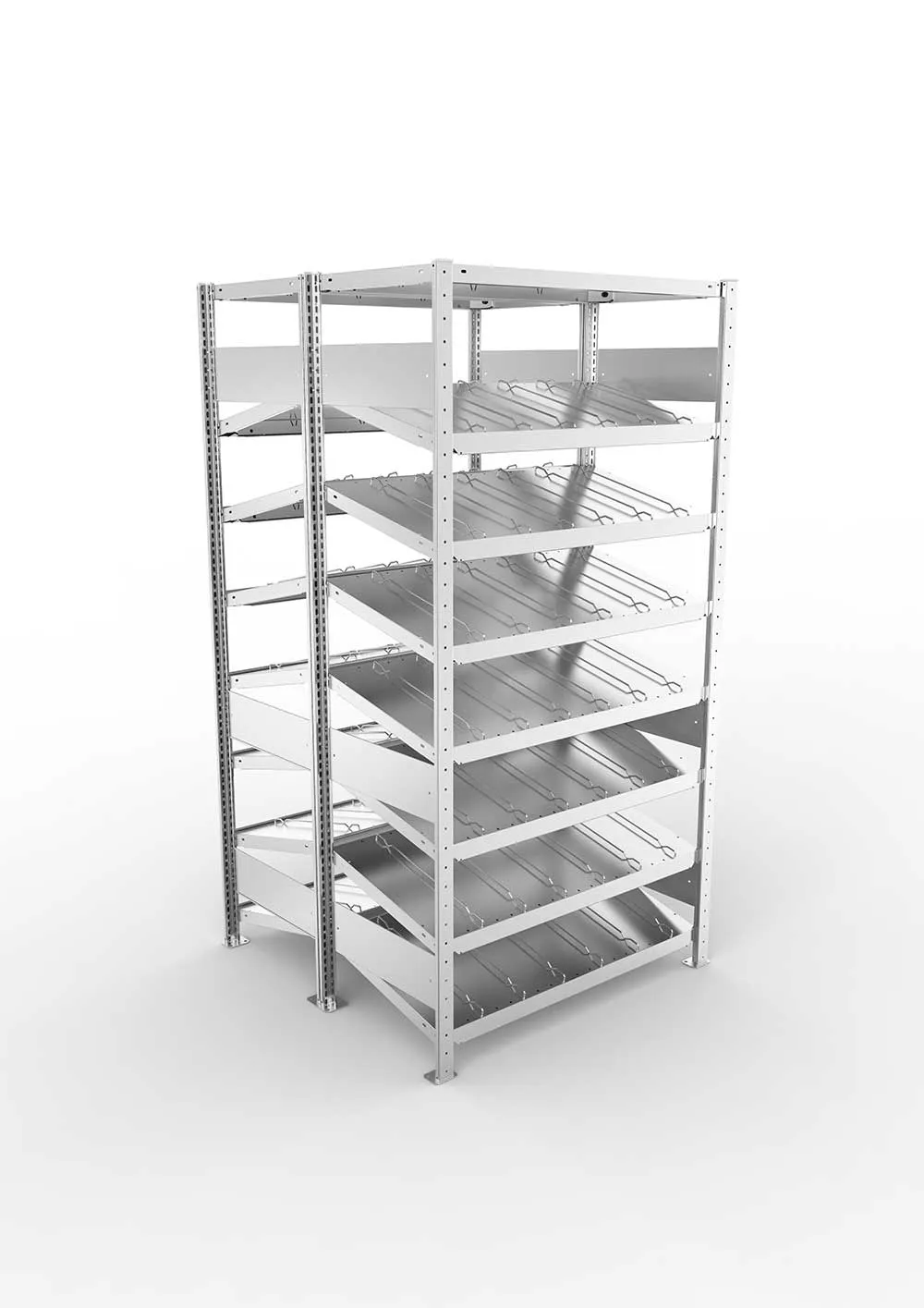 Metallregal Schrägbodenregal Metallregal 14° S3 Doppelgrundregal für Regalsystem Metall 2000 x 1000 x1000 ( 2 x 500 ) vzk kpl. ( KANBAN )Doppelzeiliges Regal mit 16 Böden (230 kg Tragkr.)