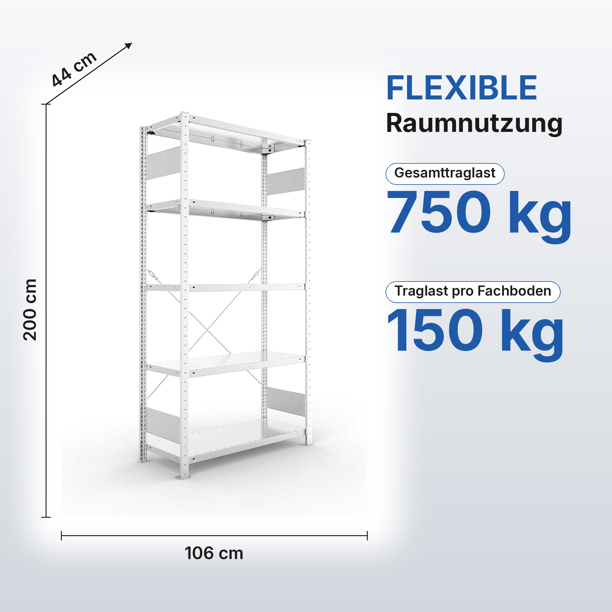 Metallregal Pro-Flex Stecksystem Grundregal – 200×100×40 cm, 150 kg, verzinkt, 5 Böden