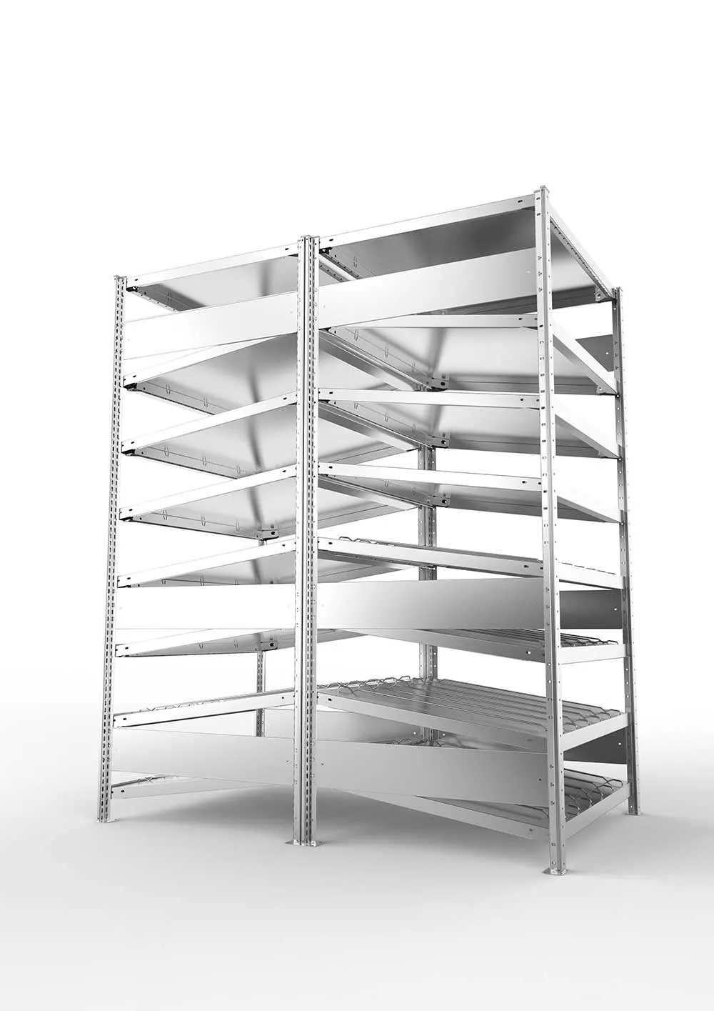 Metallregal Schrägbodenregal Metallregal 14° S3 Doppelgrundregal für Regalsystem Metall 2000 x 1000 x1600 ( 2 x 800 ) vzk kpl. ( KANBAN )Doppelzeiliges Regal mit 16 Böden (230 kg Tragkr.)