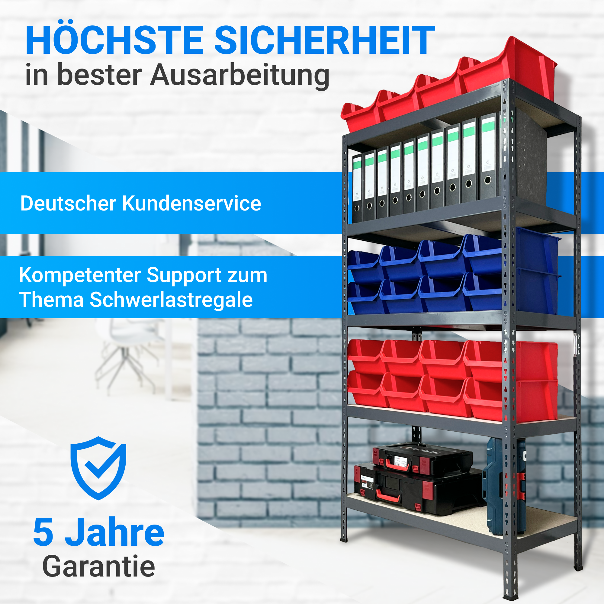 Steckregal 185x92x46cm, 5 Holzböden anthrazit RAL 7024, 265 Kg Tragkraft pro Boden, verpackt zu 32 Stück pro Europalette