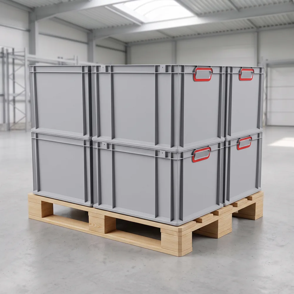 Vier Euroboxen 60 x 40 cm decken eine Europalette lückenlos ab