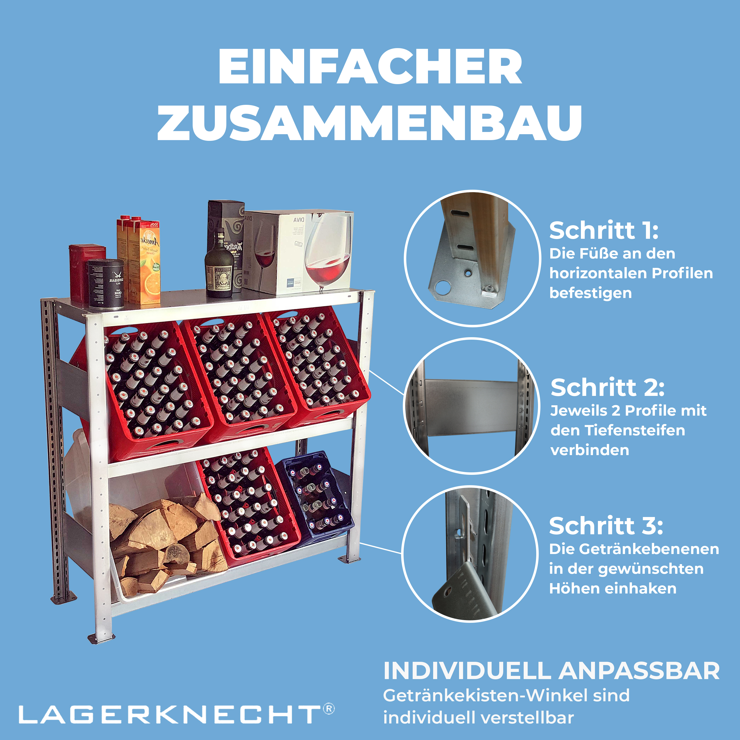 Getränkekistenregal 100×100 cm – mit Fachboden, Grundregal, verzinkt