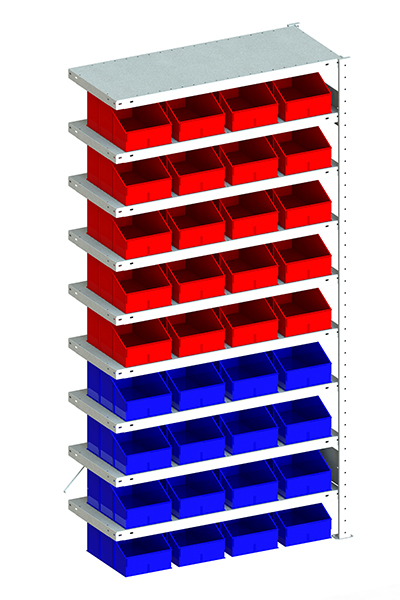 Metallregal S3 100 Anbauregal für Regalsystem Metall 2000 x 1000 x 400 vzk kpl. mit 9Böden und 16 Sichtlagerkästen PLK 2 blau und 20Sichtlagerkästen PLK 2 rot