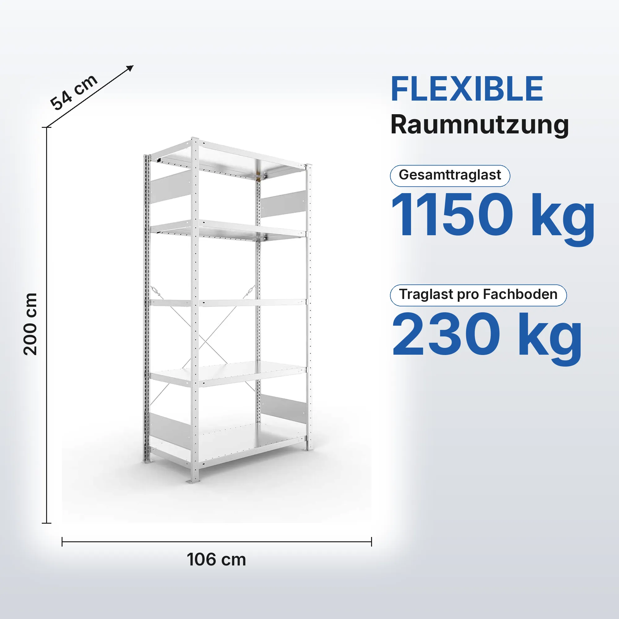Kellerregal Pro-Flex Stecksystem Grundregal – 200×100×50 cm, 230 kg, verzinkt, 5 Böden