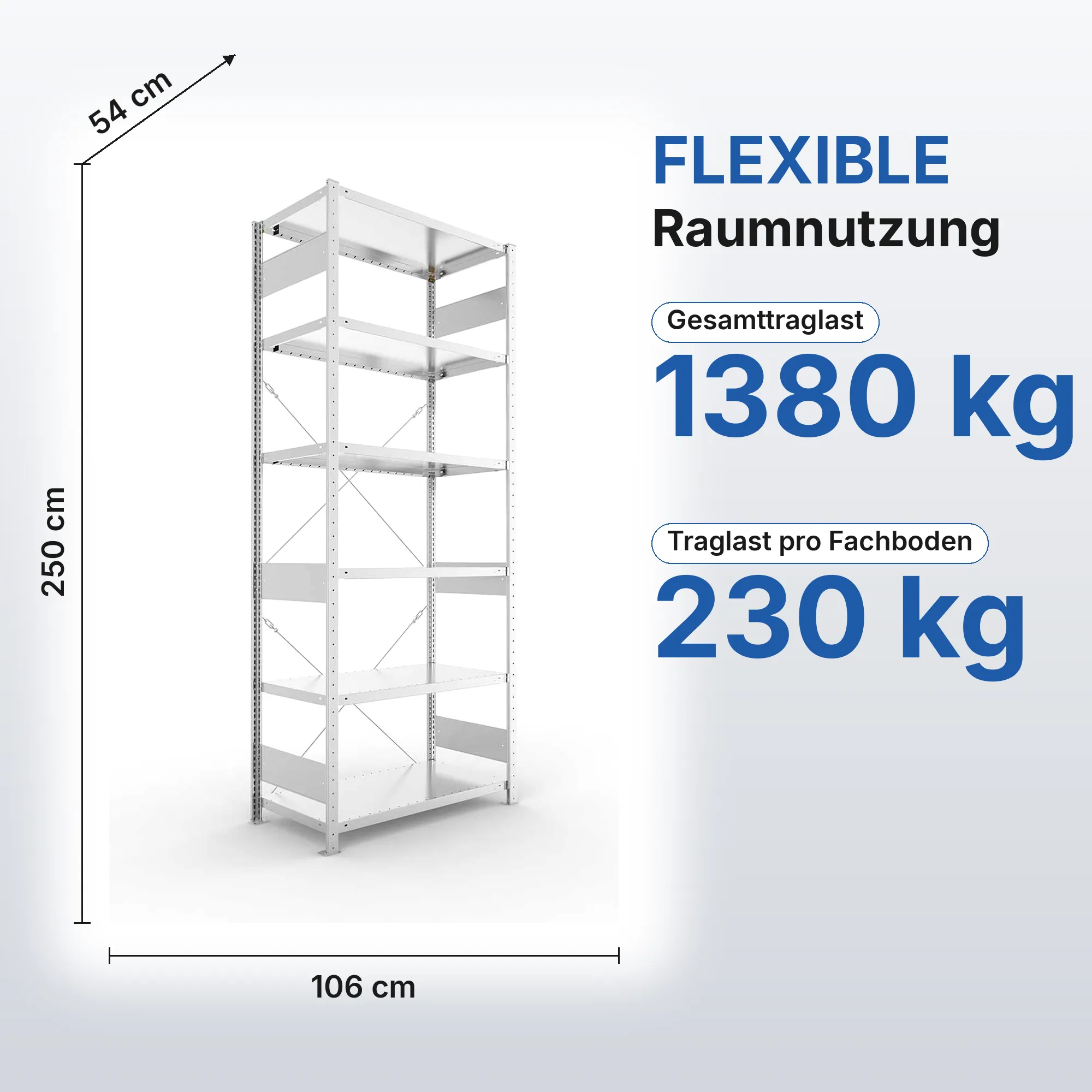 Schwerlastregal Pro-Flex Stecksystem Grundregal – 250×100×50 cm, 230 kg, verzinkt, 6 Böden