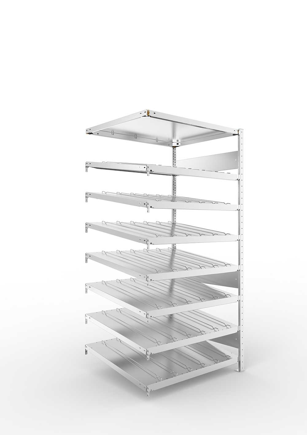 Metallregal Schrägbodenregal Metallregal 14° S3 Anbauregal für Regalsystem Metall 2000 x 1000 x 800vzk kpl. ( KANBAN ) Einzeiliges Regal mit 8 Böden(