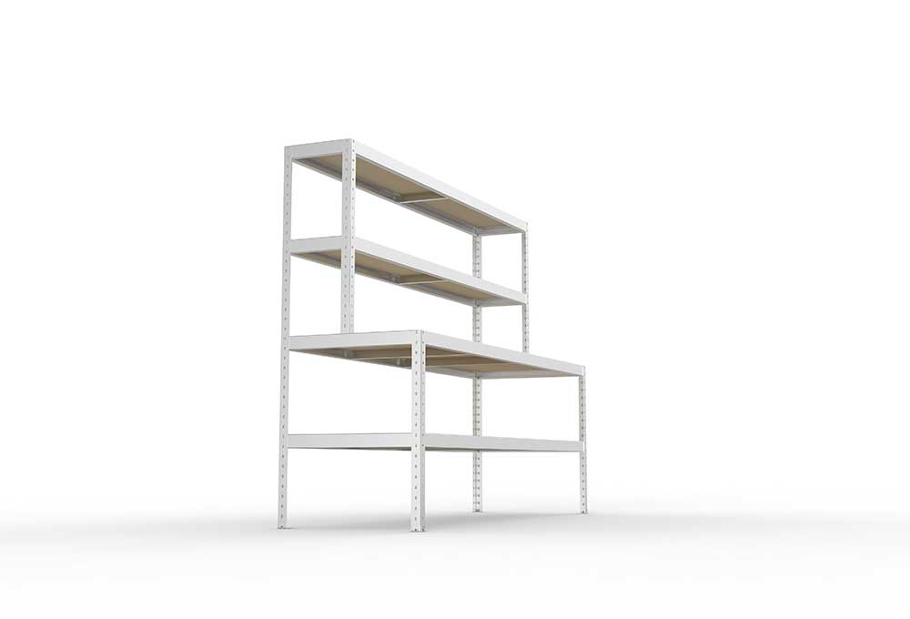 Packtisch mit Ablage – Schwerlastregal, Spanplatten, verzinkt