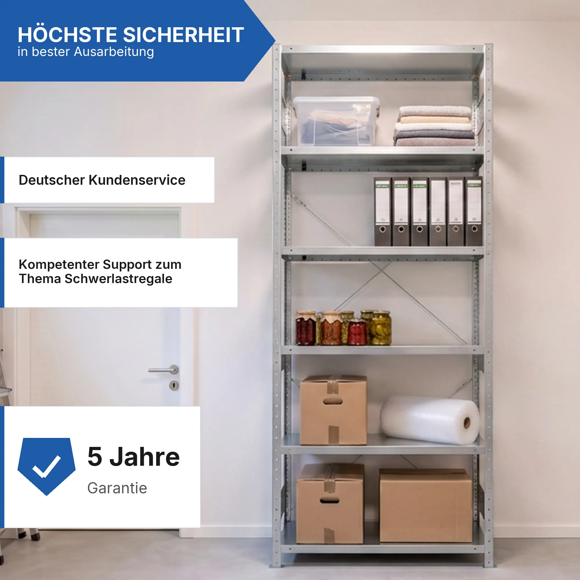 Schwerlastregal Pro-Flex Stecksystem Grundregal – 250×100×50 cm, 230 kg, verzinkt, 6 Böden