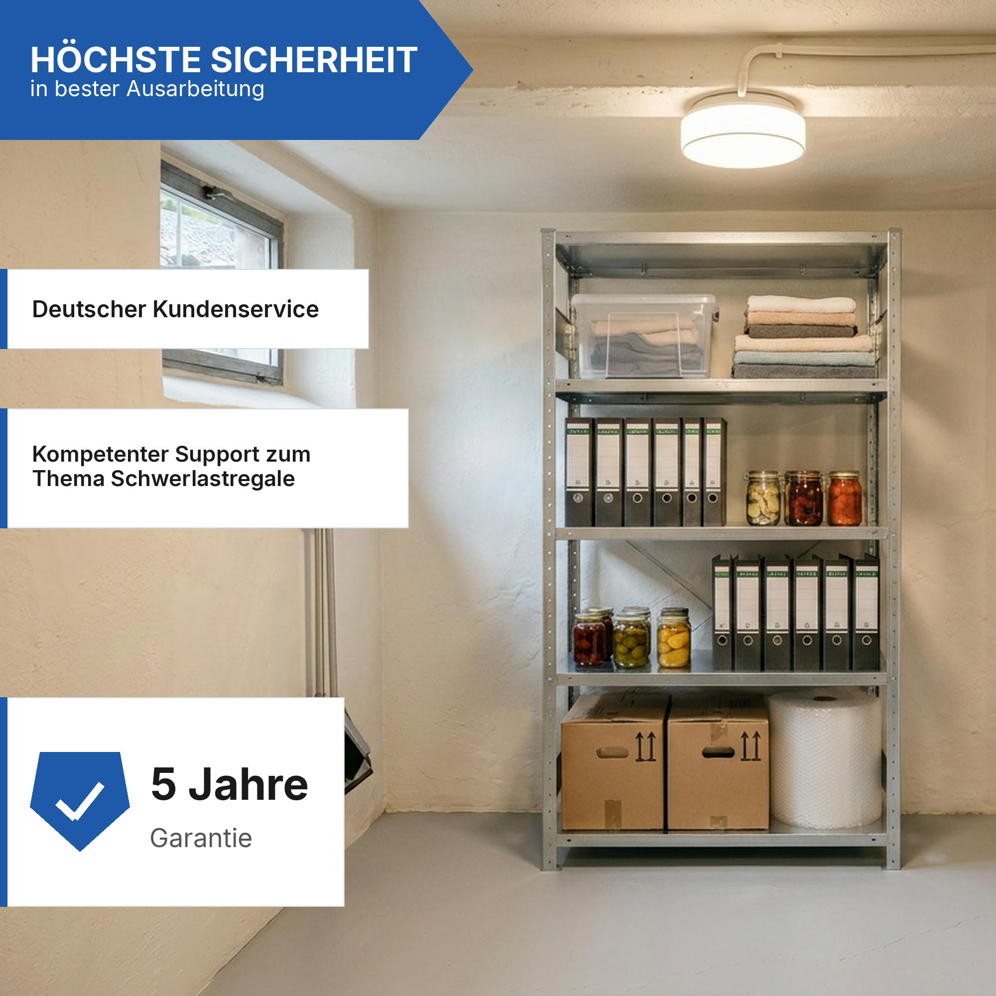 Schwerlastregal Pro-Flex Stecksystem Grundregal – 200×100×80 cm, 230 kg, verzinkt, 5 Böden