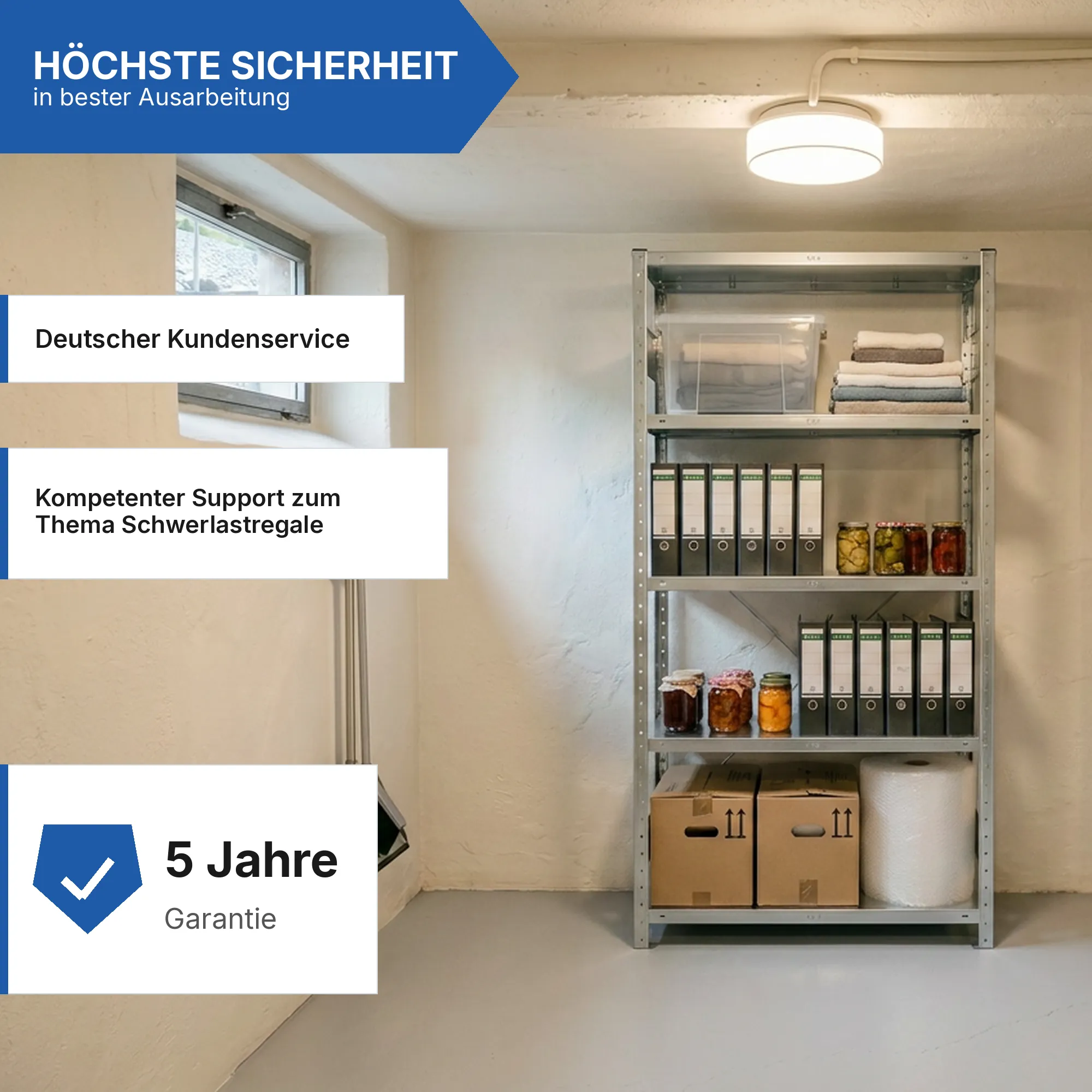 Metallregal Pro-Flex Stecksystem Grundregal – 200×100×60 cm, 150 kg, verzinkt, 5 Böden