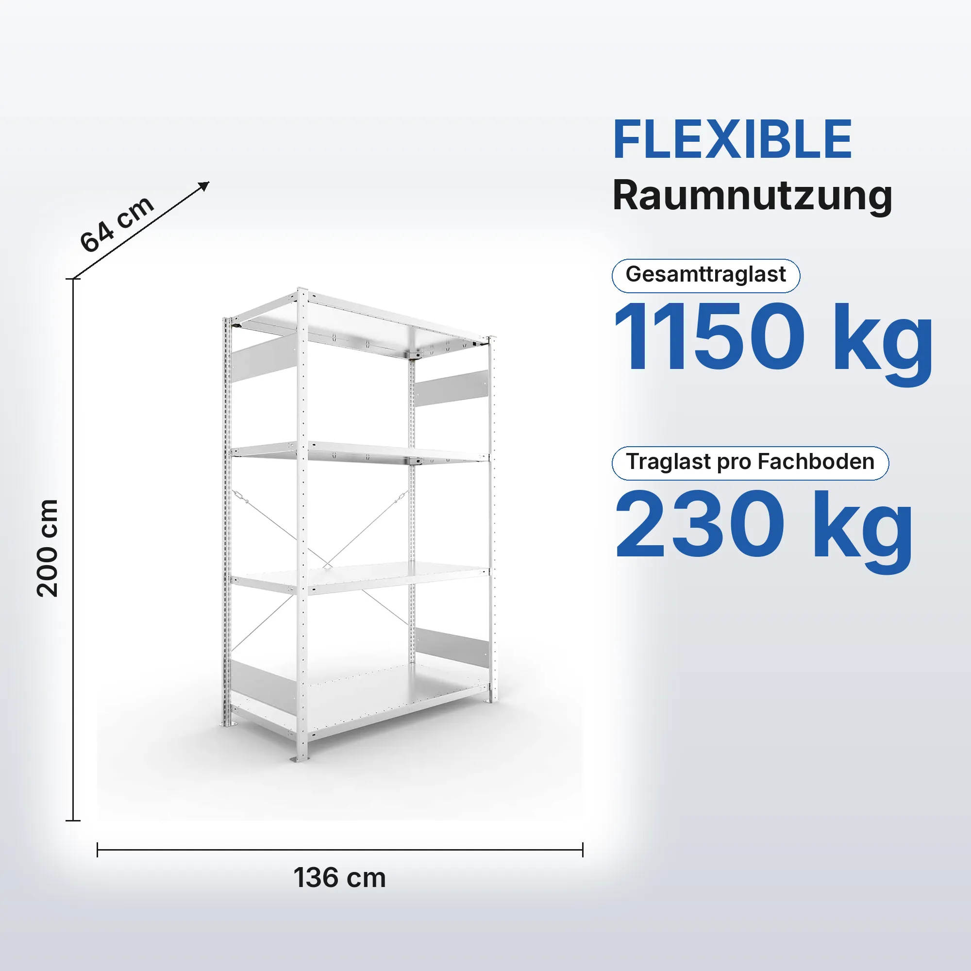 Metallregal Pro-Flex Stecksystem Grundregal – 200×130×60 cm, 230 kg, verzinkt, 4 Böden