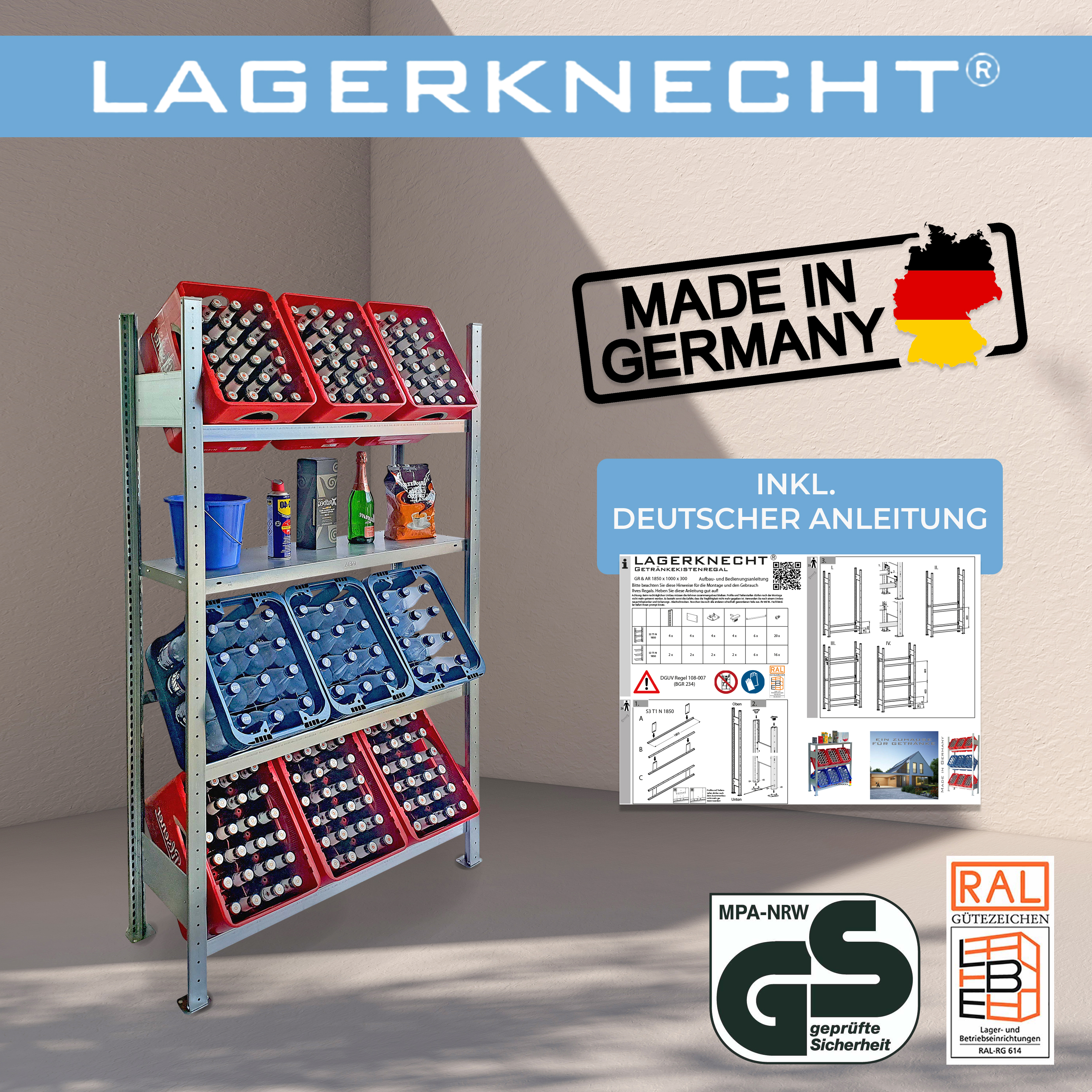 Getränkekistenregale 185×100 cm – 3 Ebenen, 1 FB, verzinkt GLX