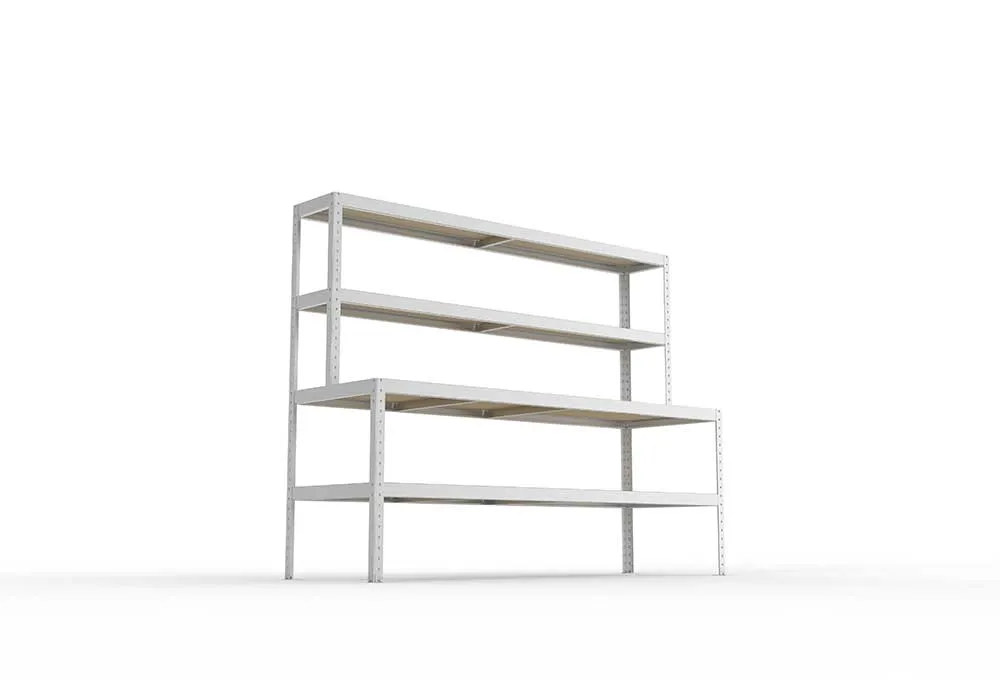 Packtisch mit Ablage – Schwerlastregal, Spanplatten, verzinkt