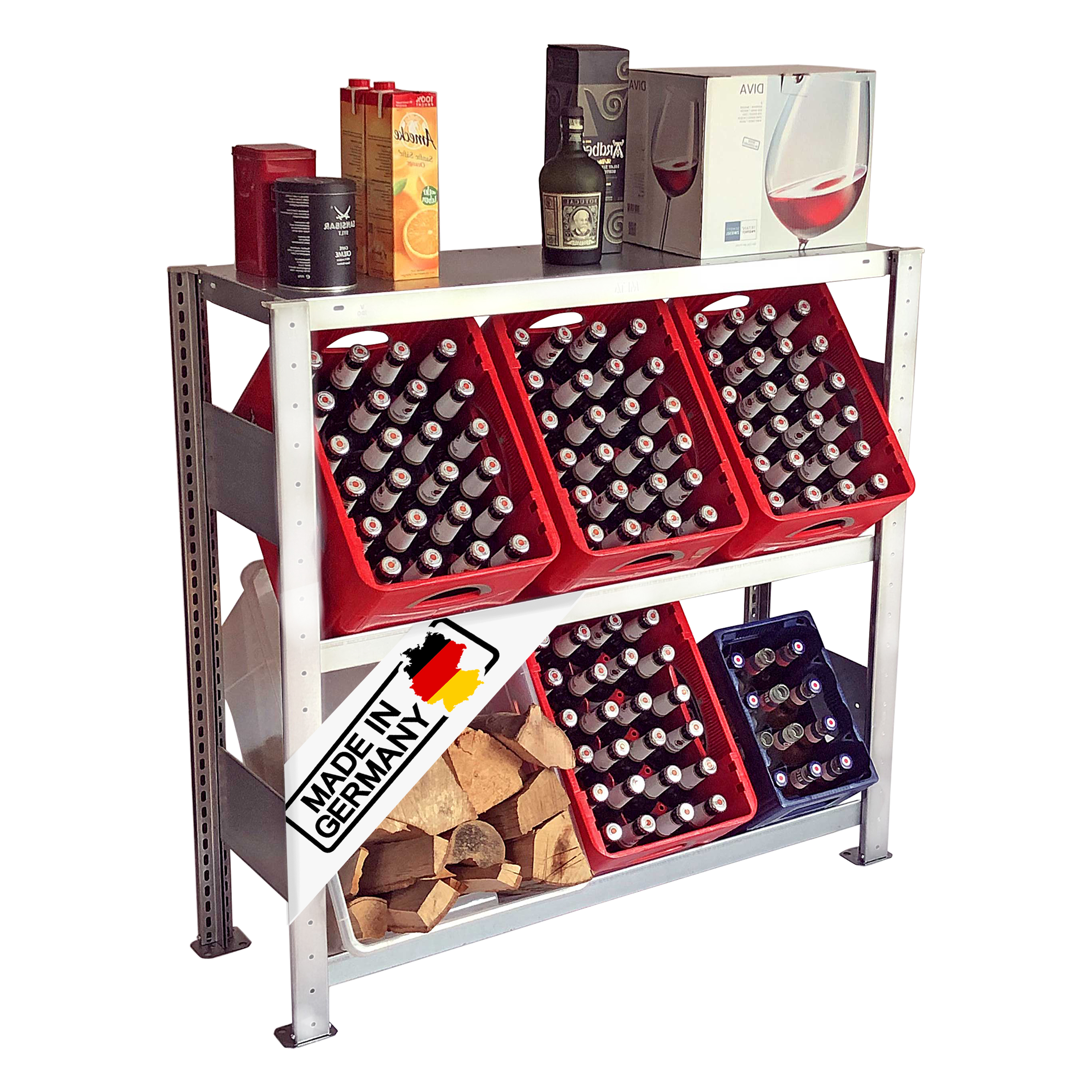 Getränkekistenregal 100×100 cm – mit Fachboden, Grundregal, verzinkt