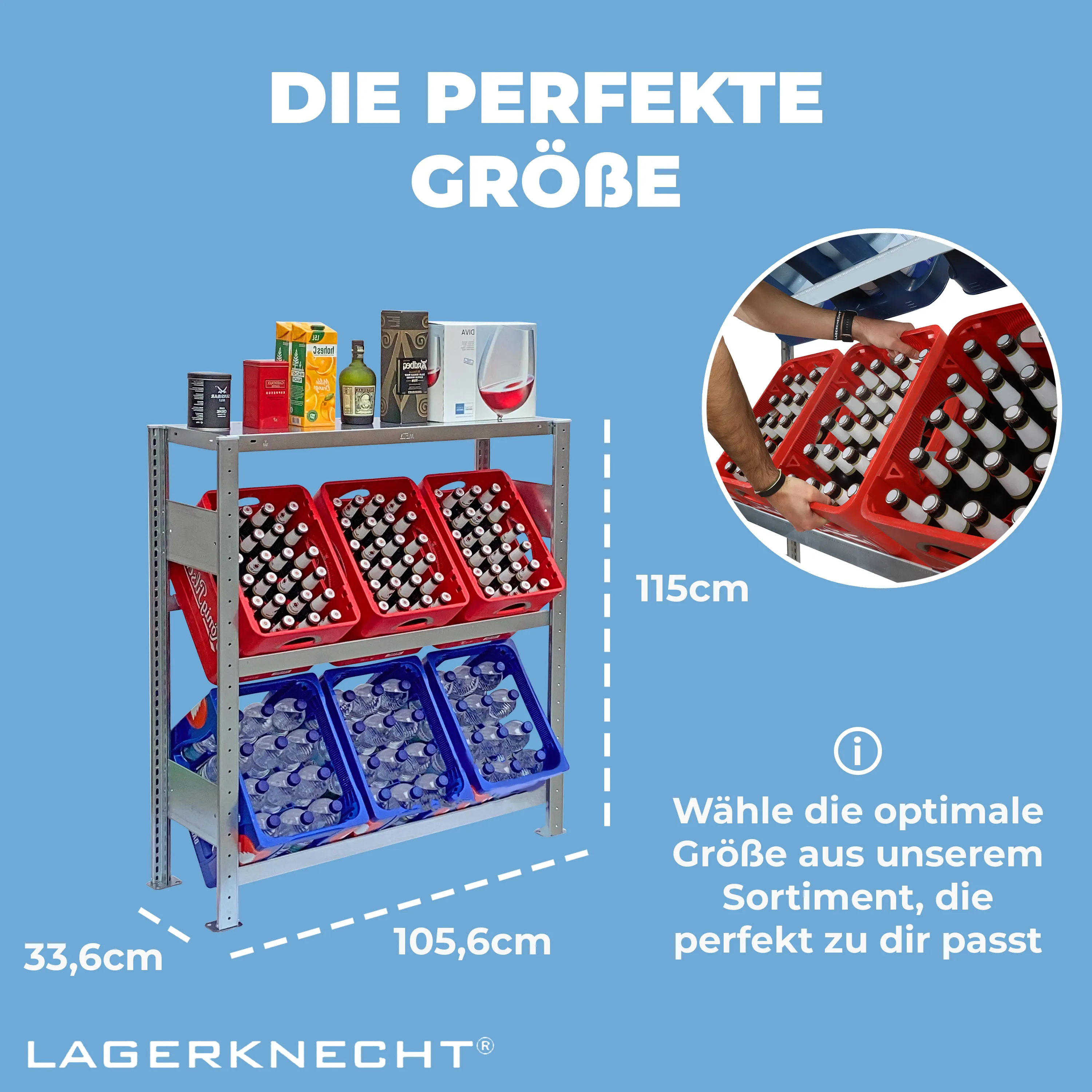 Getränkekistenregal 115×100 cm – 2 Ebenen, mit Fachboden, Grundregal, verzinkt