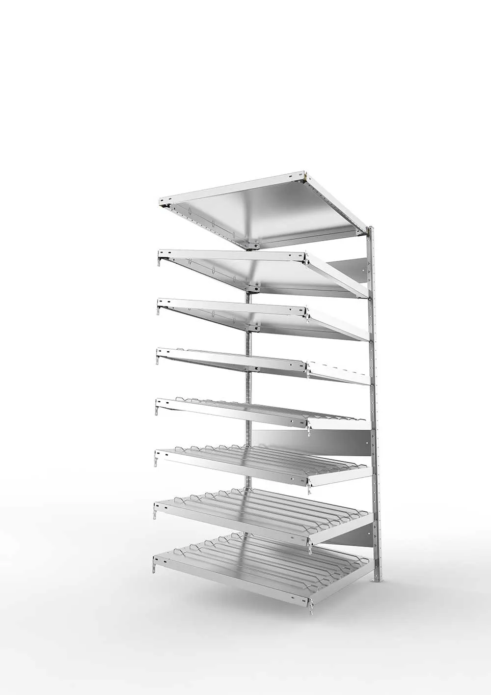 Metallregal Schrägbodenregal Metallregal 14° S3 Anbauregal für Regalsystem Metall 2000 x 1000 x 800vzk kpl. ( KANBAN ) Einzeiliges Regal mit 8 Böden(230 kg Tragkraft)