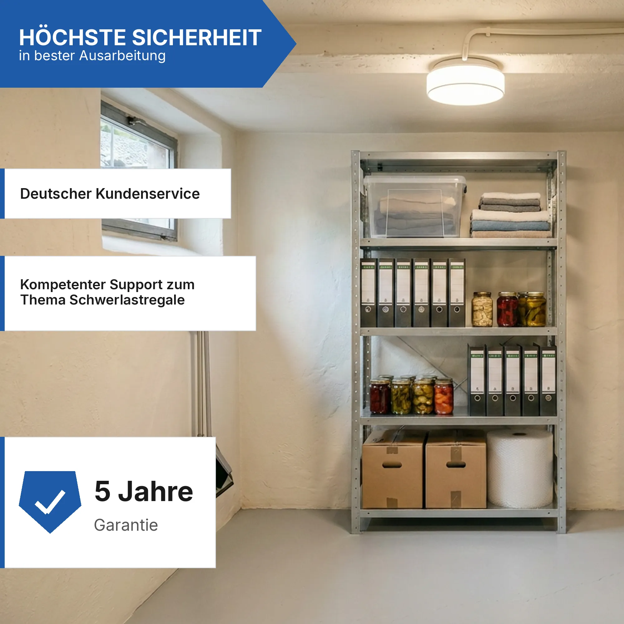 Kellerregal Pro-Flex Stecksystem Grundregal – 200×100×30 cm, 230 kg, verzinkt, 5 Böden