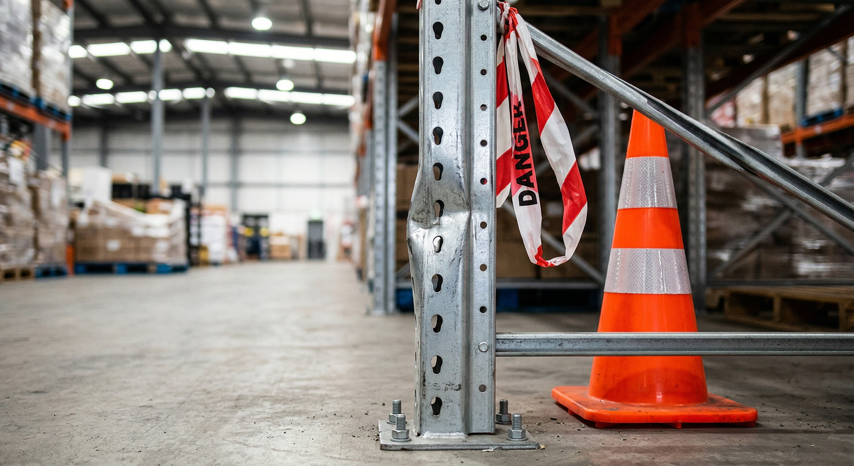 Beschädigte Regalstütze mit sichtbarer Verformung durch Gabelstapler-Anfahrt