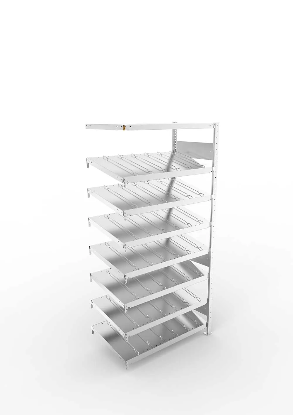 Metallregal Schrägbodenregal 14° S3 Anbauregal für Regalsystem Metall 2000 x 1000 x 500vzk kpl. ( KANBAN ) Einzeiliges Regal mit 8 Böden(230 kg Tragkraft)