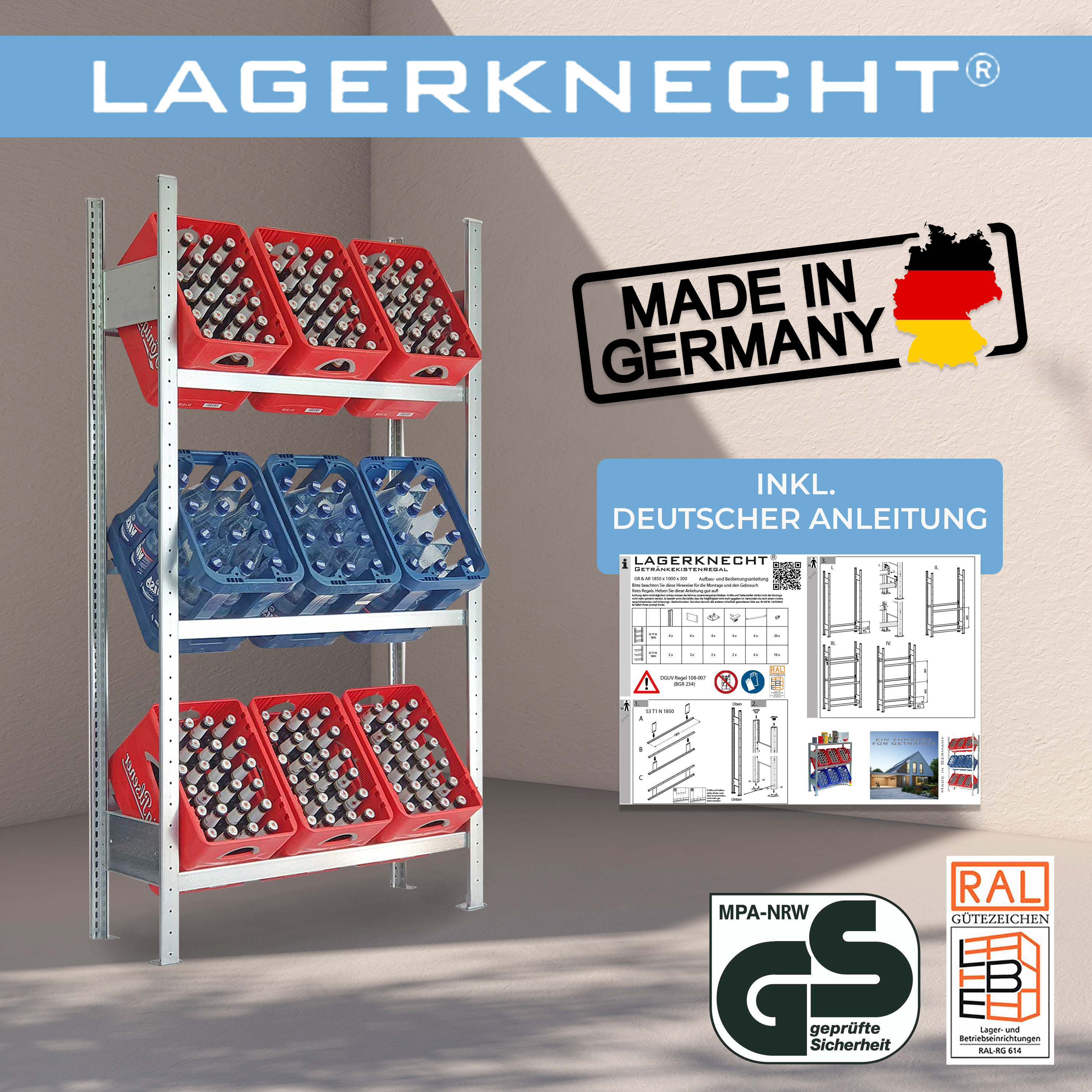 Lagerregal für Getränkekisten Made in Germany 185 cm 100 cm 3 Ebenen Lagerregal als Grundregal 