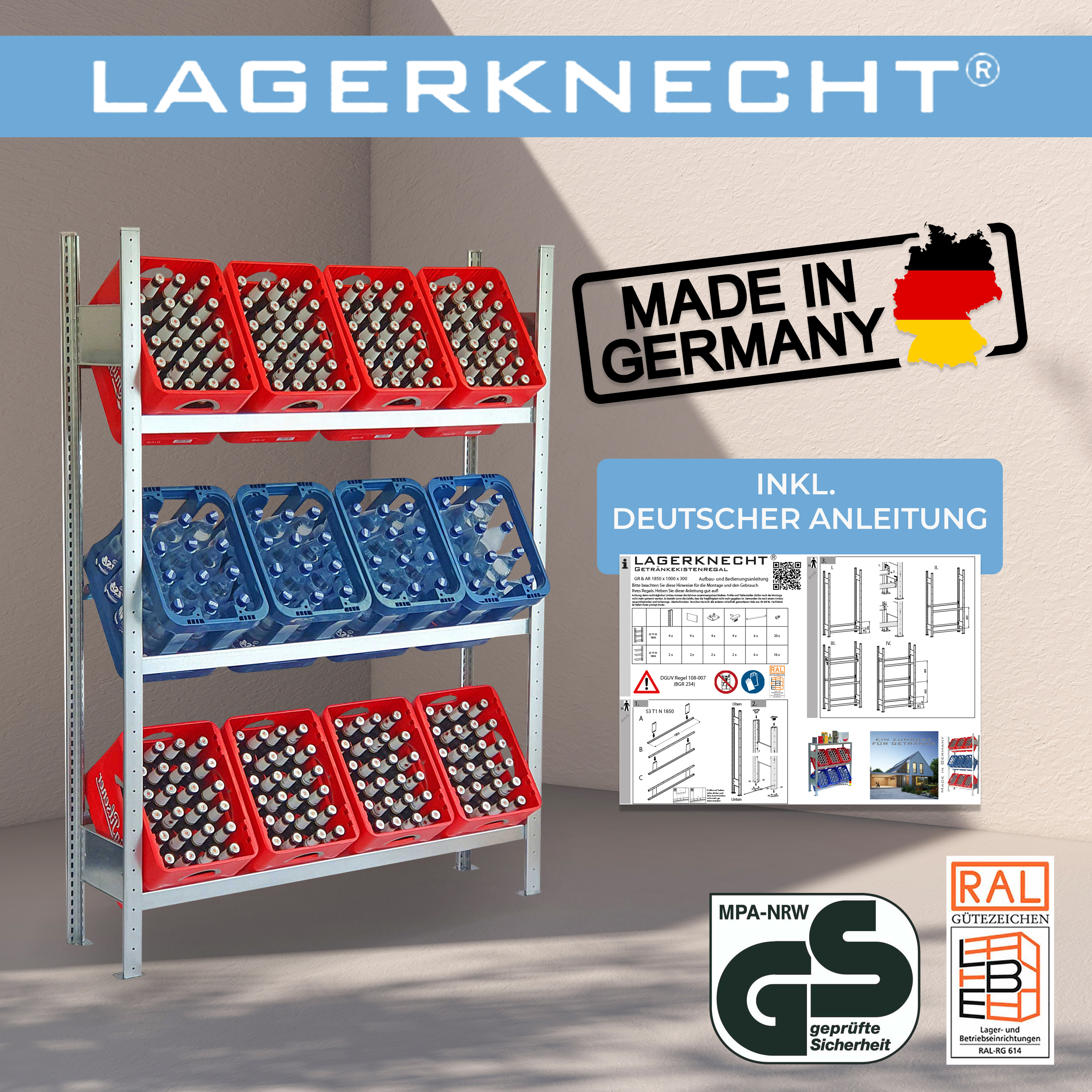 Getränkekistenregal 185×130 cm – 3 Ebenen, Grundregal, verzinkt [185130-3EB-GR]