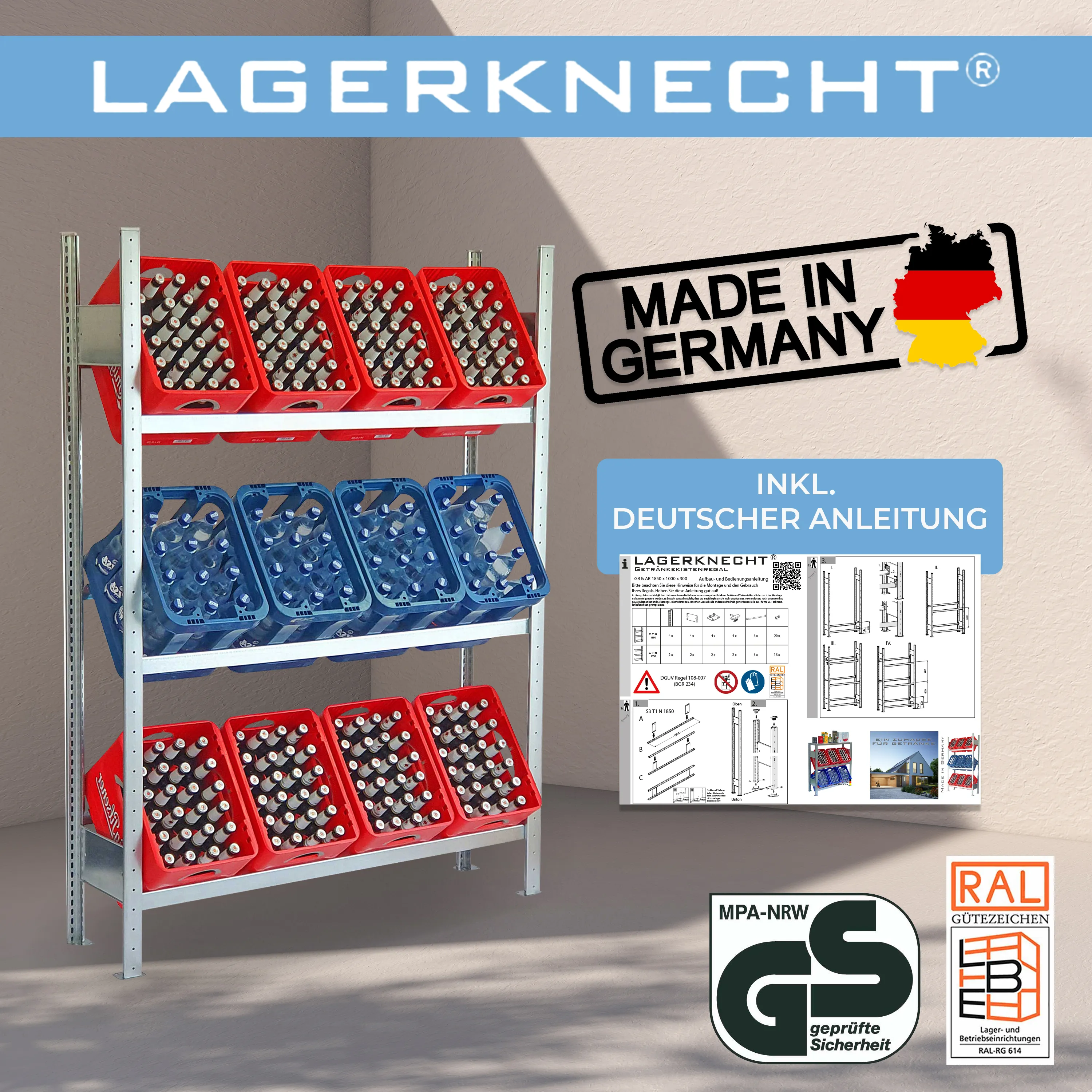 Getränkekistenregal 185×130 cm – 3 Ebenen, Grundregal, verzinkt [185130-3EB-GR]