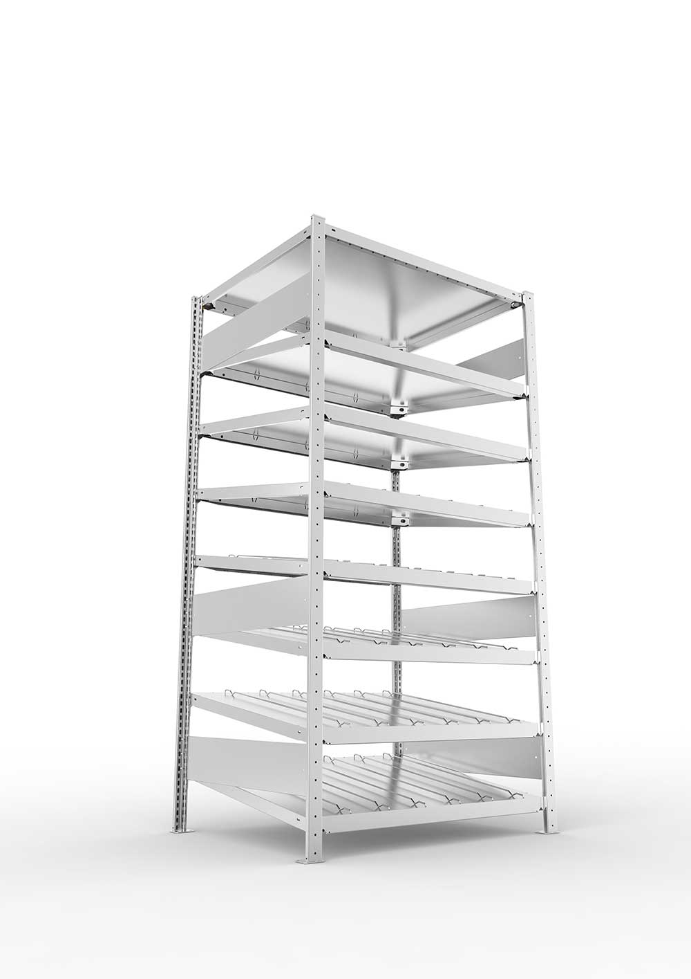 Metallregal Schrägbodenregal Metallregal 14° S3 Grundregal für Regalsystem Metall 2000 x 1000 x 800vzk kpl. ( KANBAN ) Einzeiliges Regal mit 8 Böden(