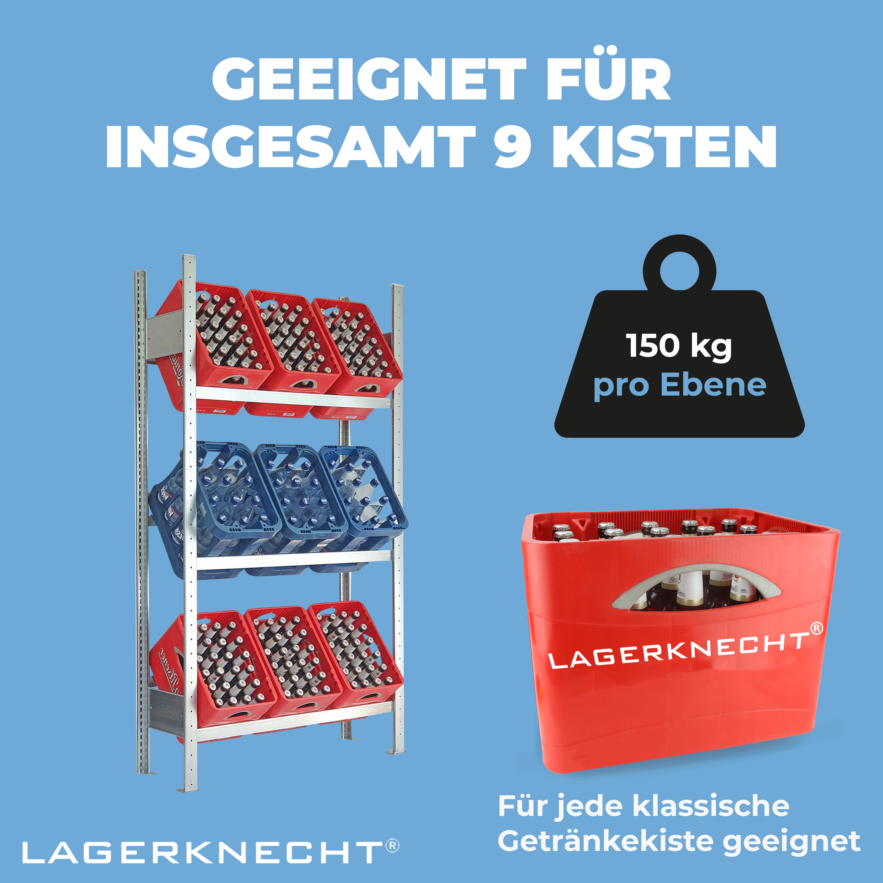 Lagerregal für Getränkekisten Made in Germany 185 cm 100 cm 3 Ebenen Lagerregal als Grundregal 