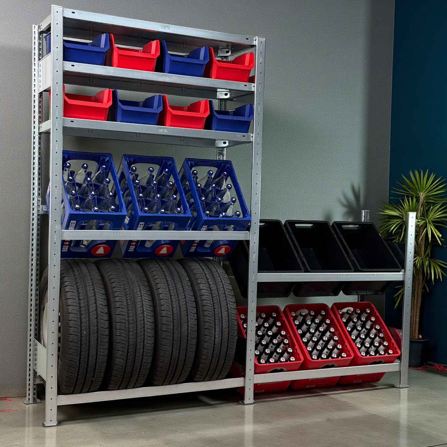 Reifenregal Kombi 185×200 cm – 1 Reifenebenen, 3 Getränkeebenen, 2 Fachböden