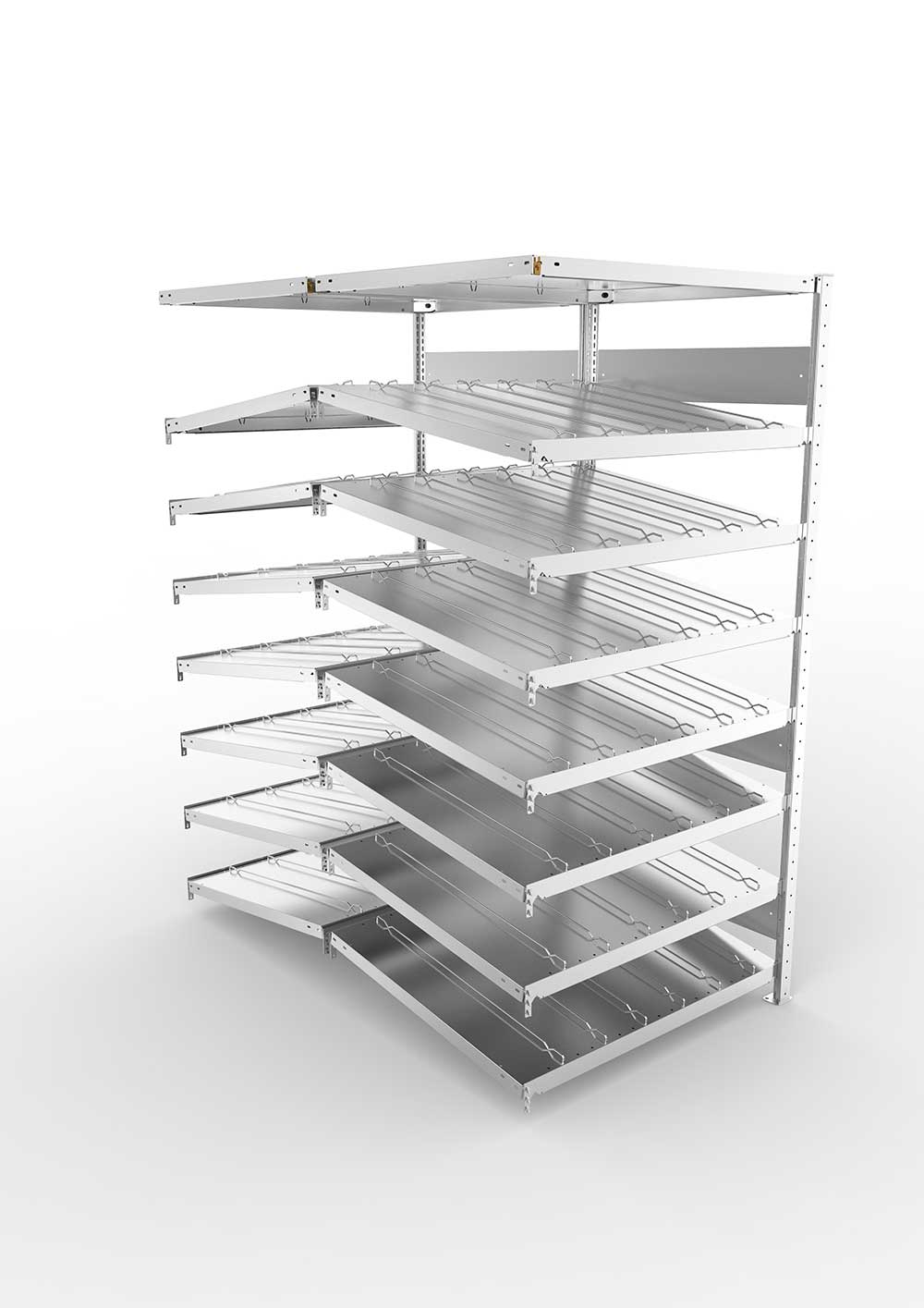 Metallregal Schrägbodenregal Metallregal 14° S3 Doppelanbauregal für Regalsystem Metall 2000 x 1000 x1600 ( 2 x 800 ) vzk kpl. ( KANBAN )