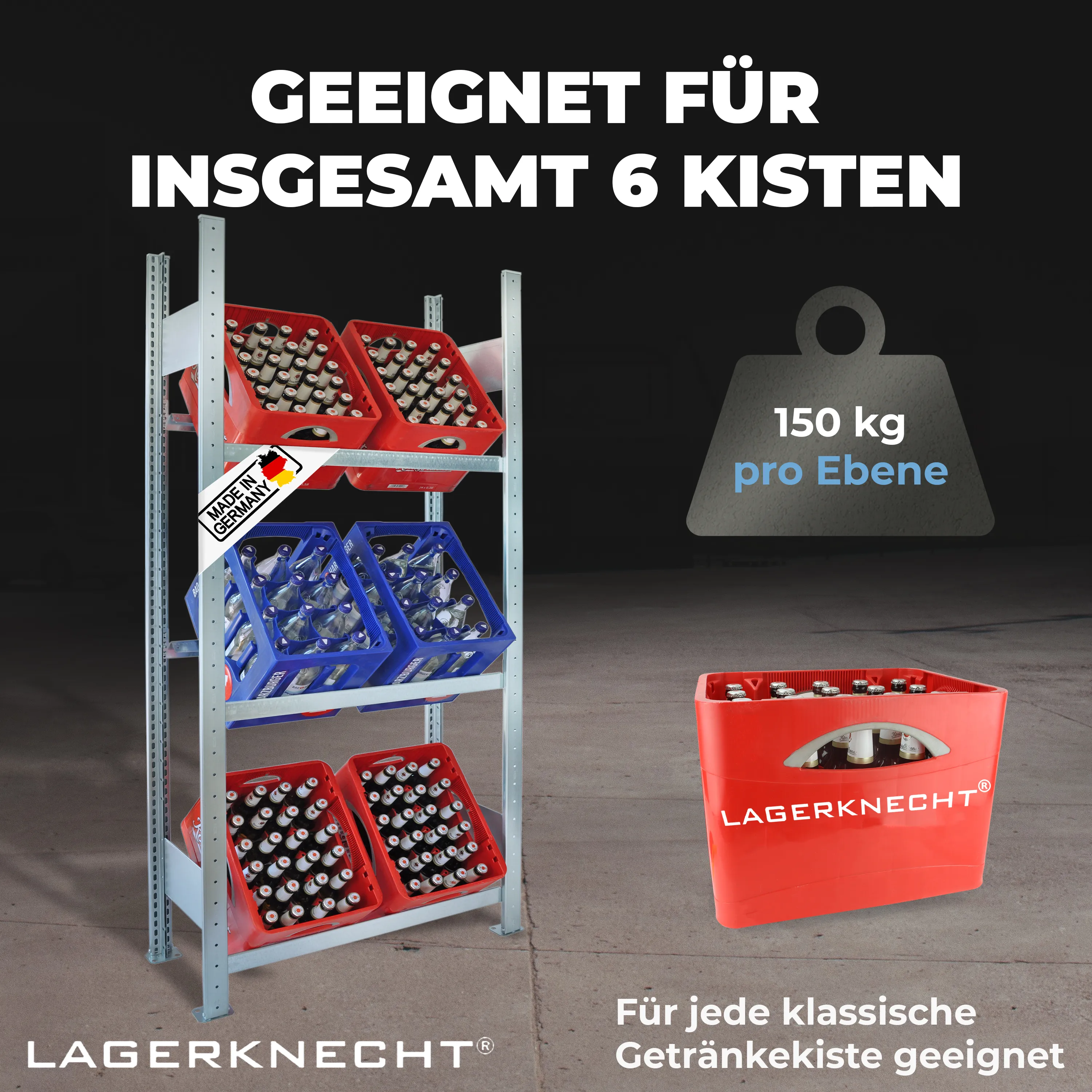 Getränkekistenregal 185×75 cm – 3 Ebenen, Grundregal, verzinkt