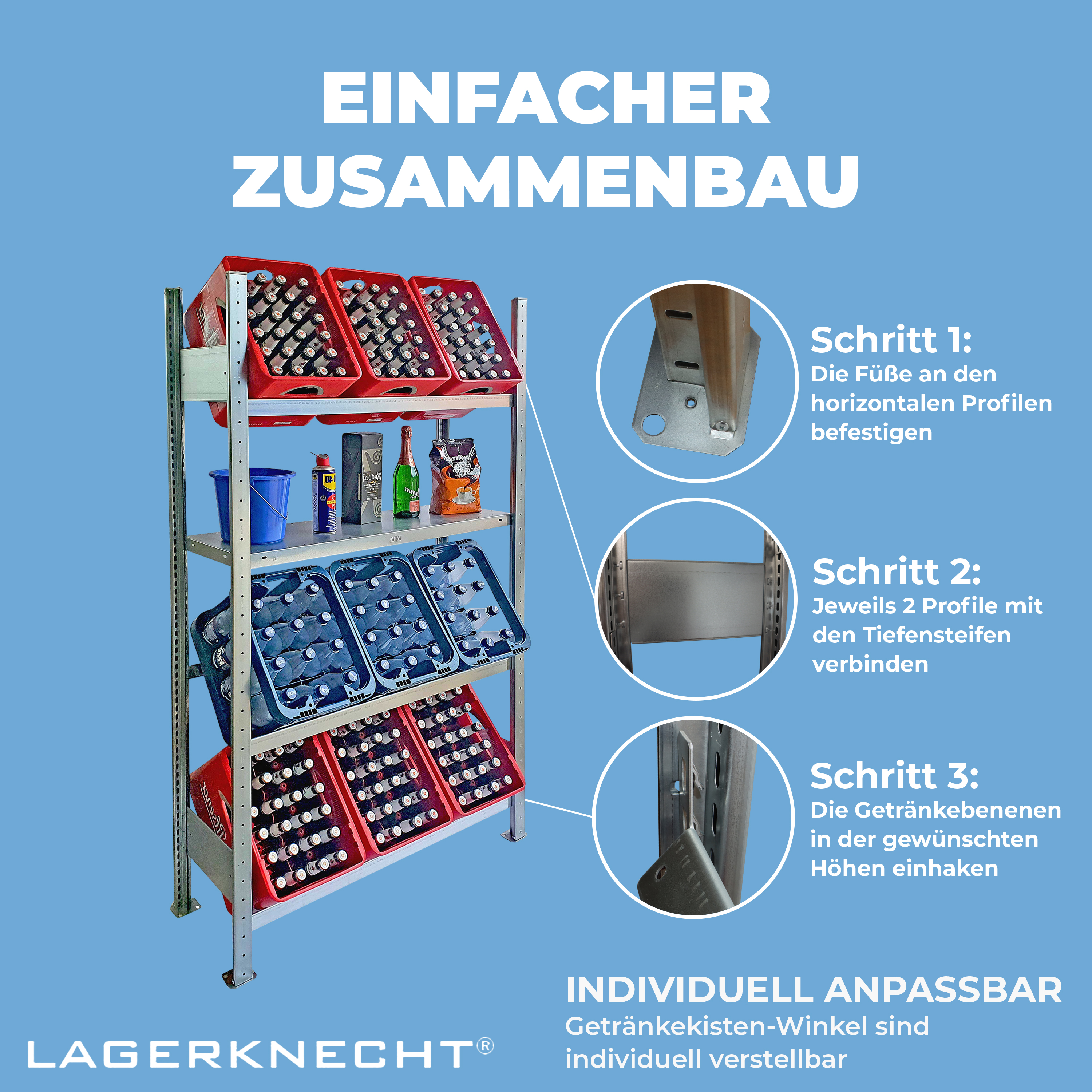 Getränkekistenregale 185×100 cm – 3 Ebenen, 1 FB, verzinkt GLX