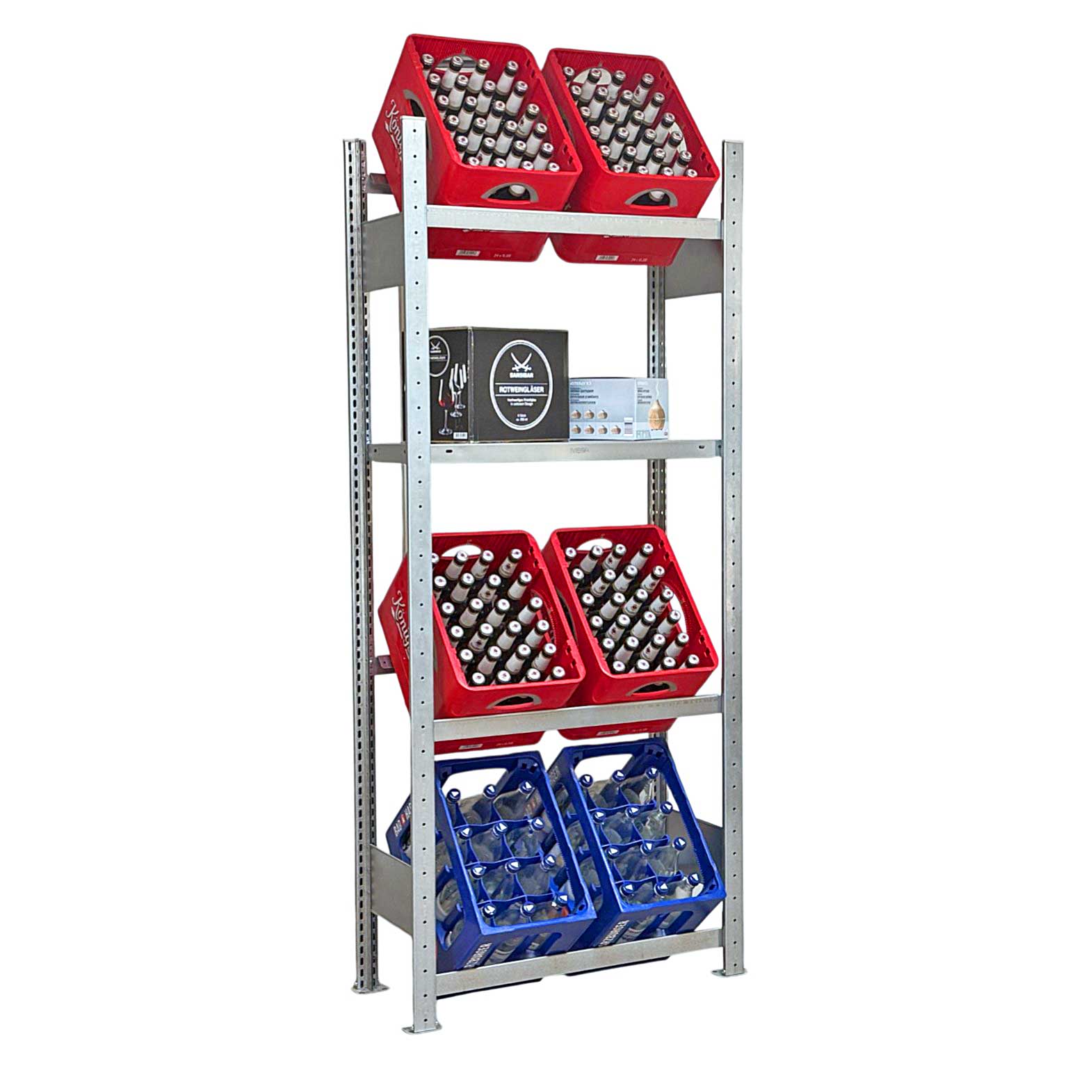 Getränkekistenregal 185×80 cm – 3 Ebenen, 1 FB, Grundregal, verzinkt GLX