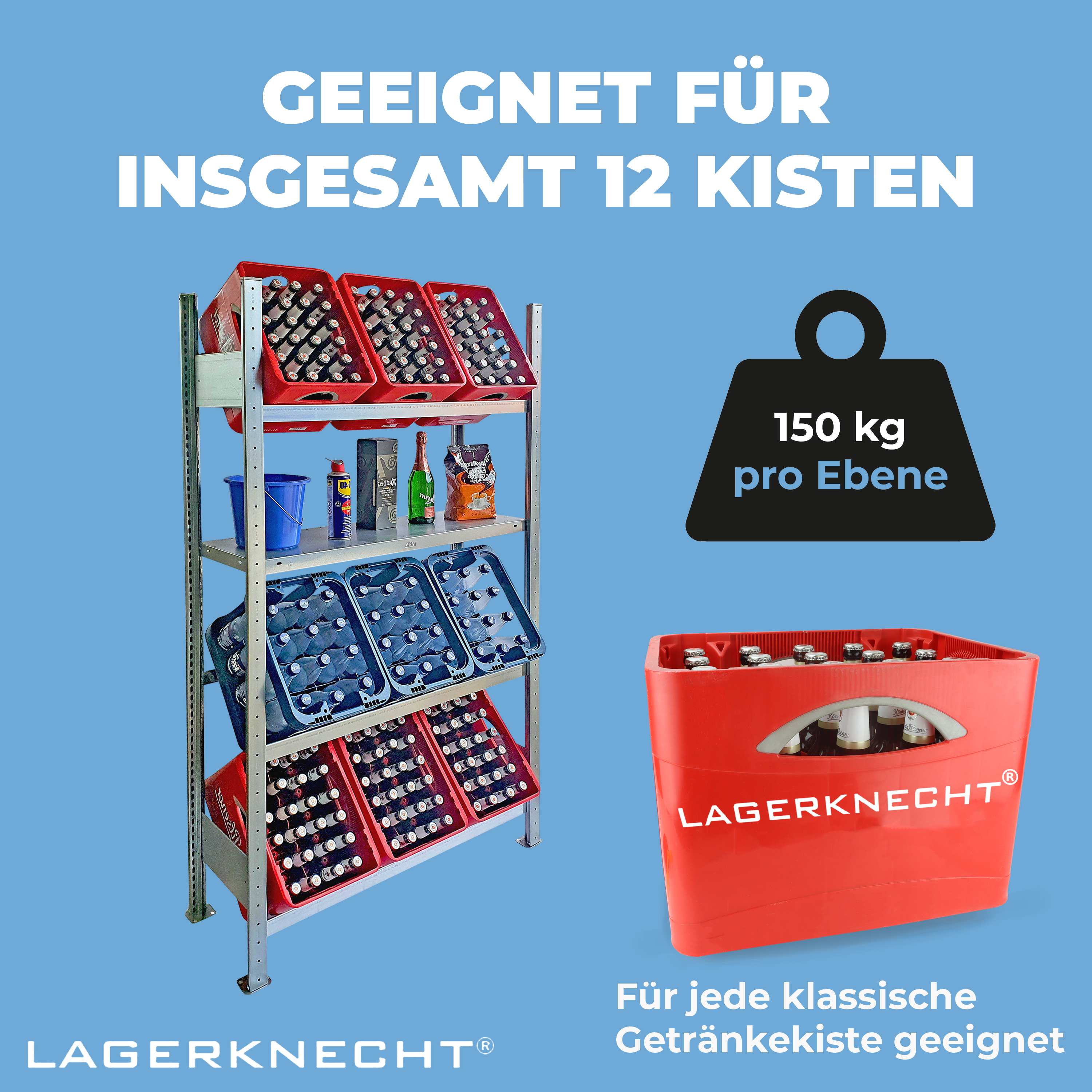 Getränkekistenständer made in Germany 185 cm Hoch 100 cm Breit 3 Ebenen Grundregal Mit Fachboden