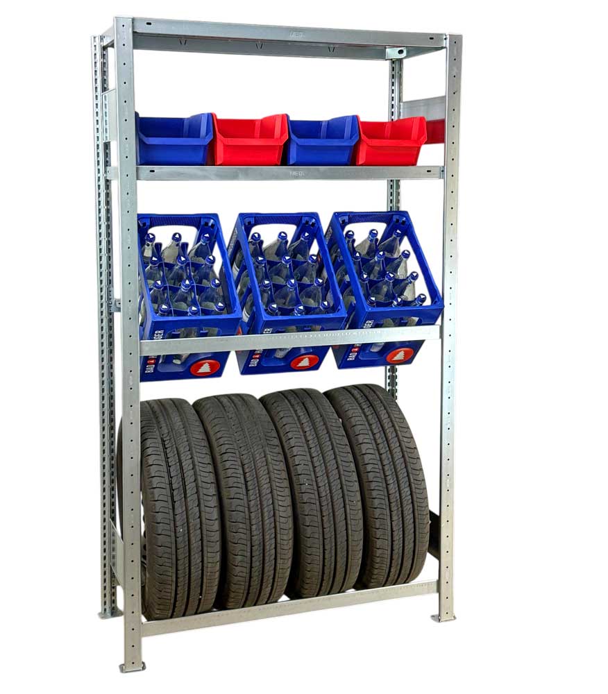 Reifenregal 185×100 cm – 1 Reifenebenen, 1 Getränkeebenen, 2 Fachböden