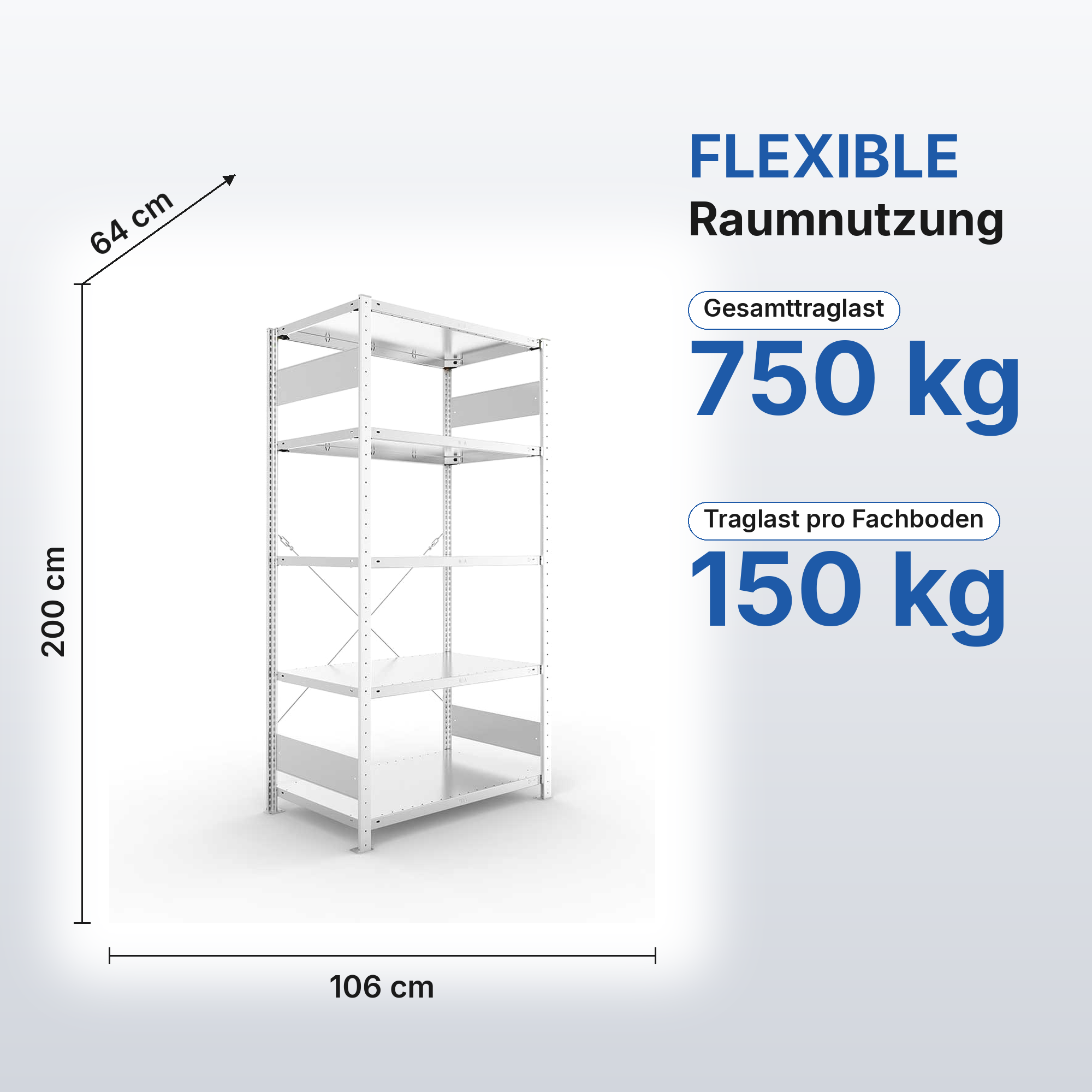 Kellerregal Pro-Flex Stecksystem Grundregal – 200×100×60 cm, 150 kg, verzinkt, 5 Böden