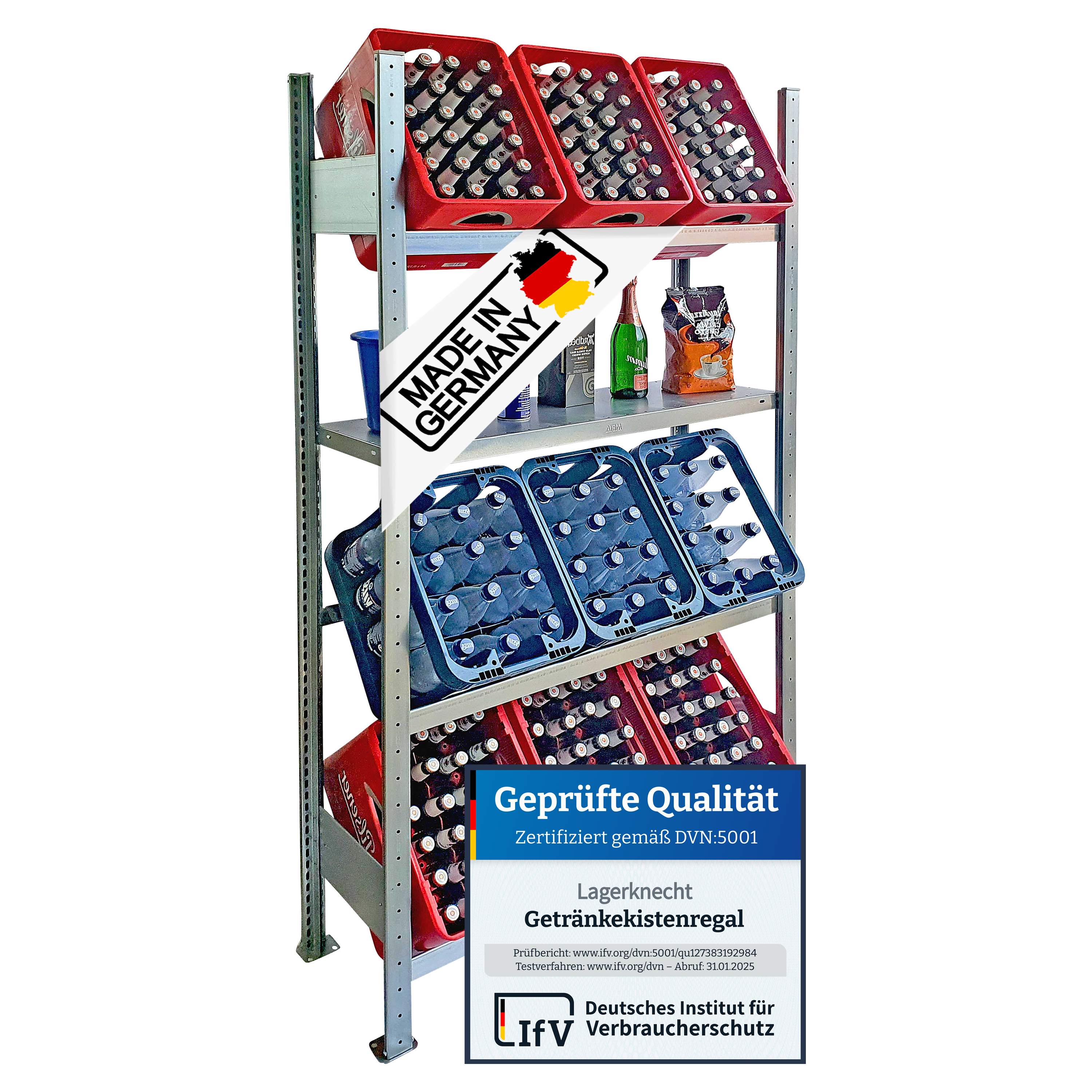 Getränkekistenregale 185×100 cm – 3 Ebenen, 1 FB, verzinkt GLX