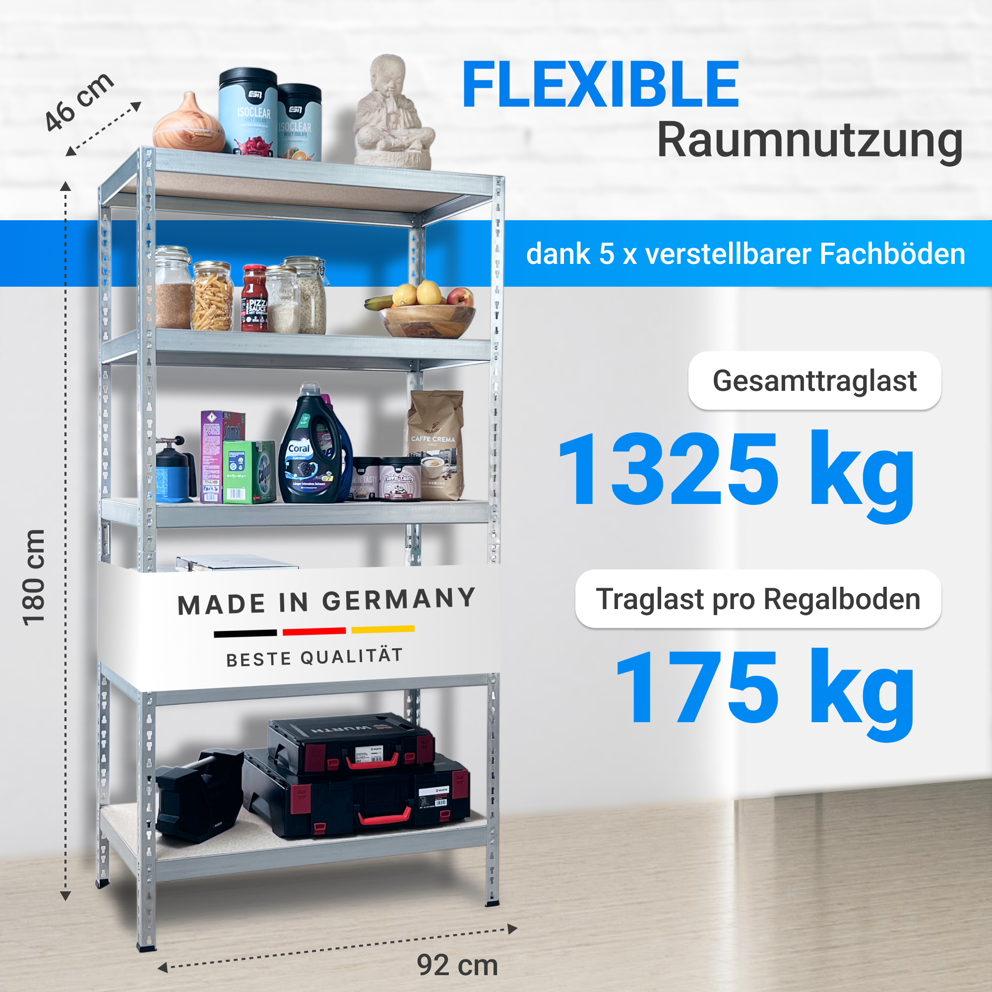 Lagerregal Robust 180 x 92 x 46 cm, Steckregal verzinktes mit 5 Holzböden, Fachlast 175 kg