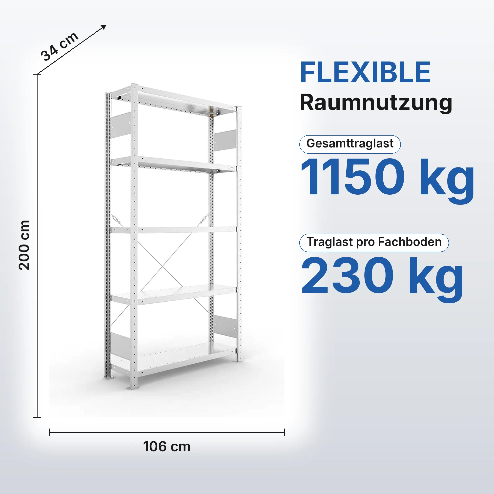 Kellerregal Pro-Flex Stecksystem Grundregal – 200×100×30 cm, 230 kg, verzinkt, 5 Böden