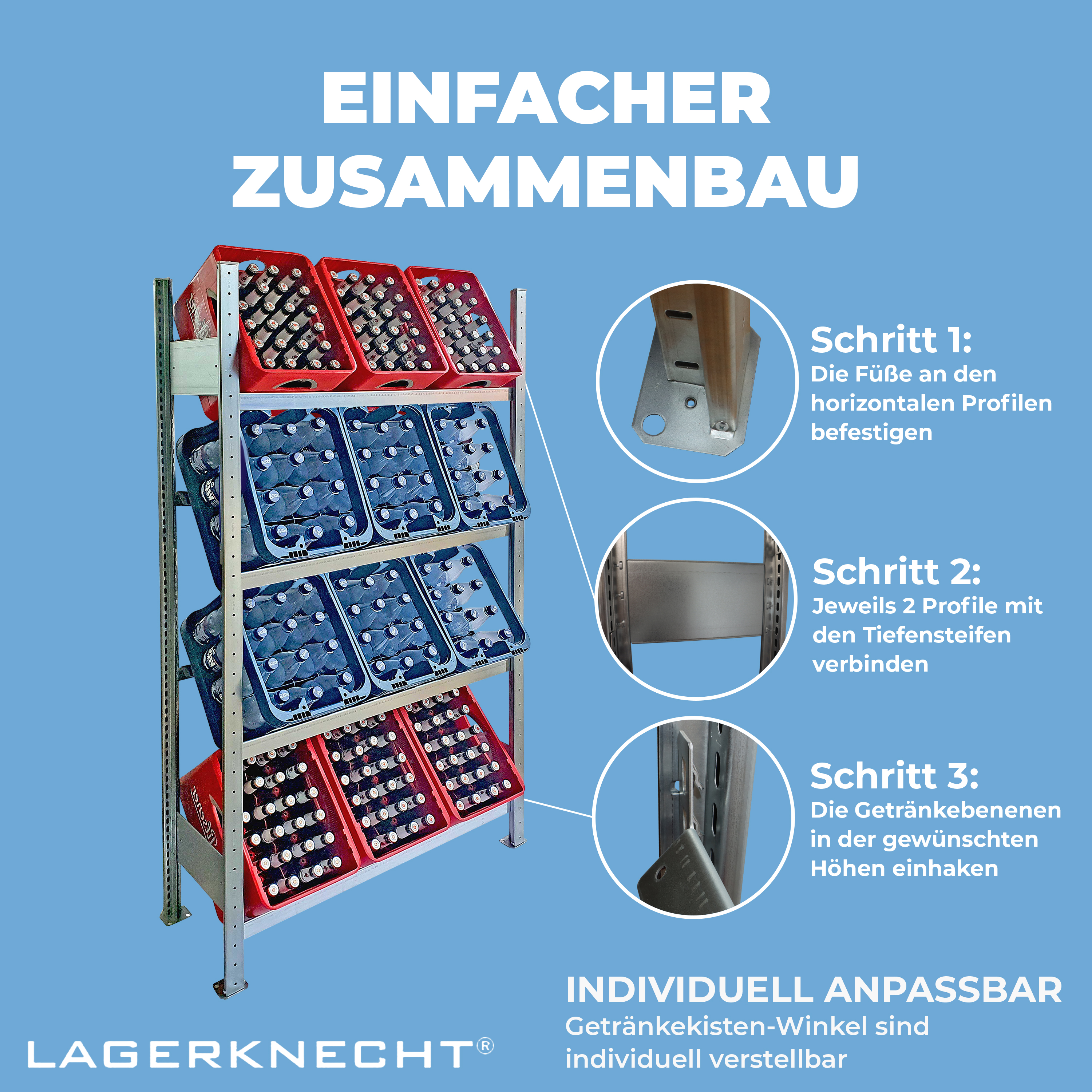 Getränkekistenhalter made in Germany 185 cm Hoch 100 cm Breit 4 Ebenen Grundregal Ohne Fachboden