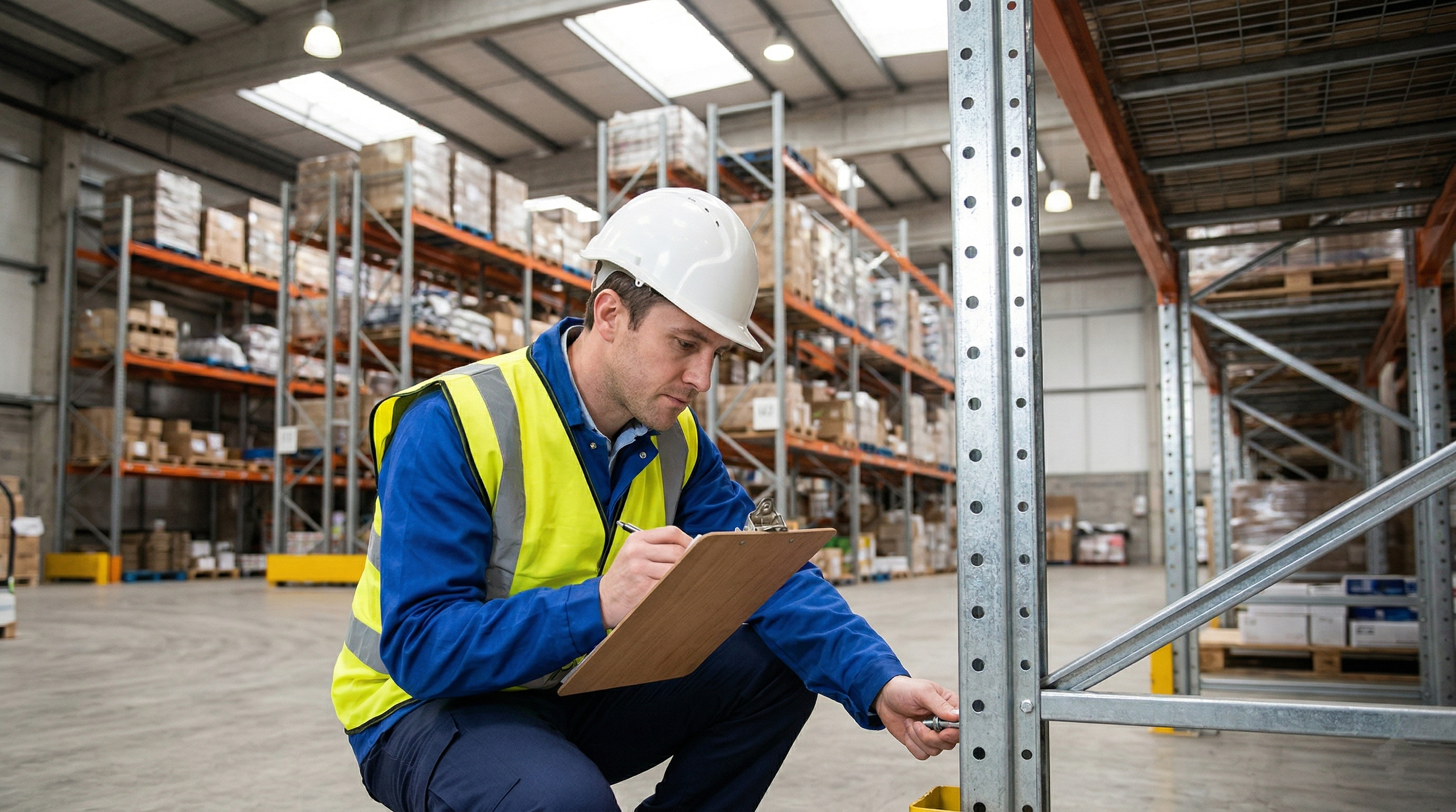 Regalprüfer inspiziert Schwerlast-Regalstütze mit Klemmbrett