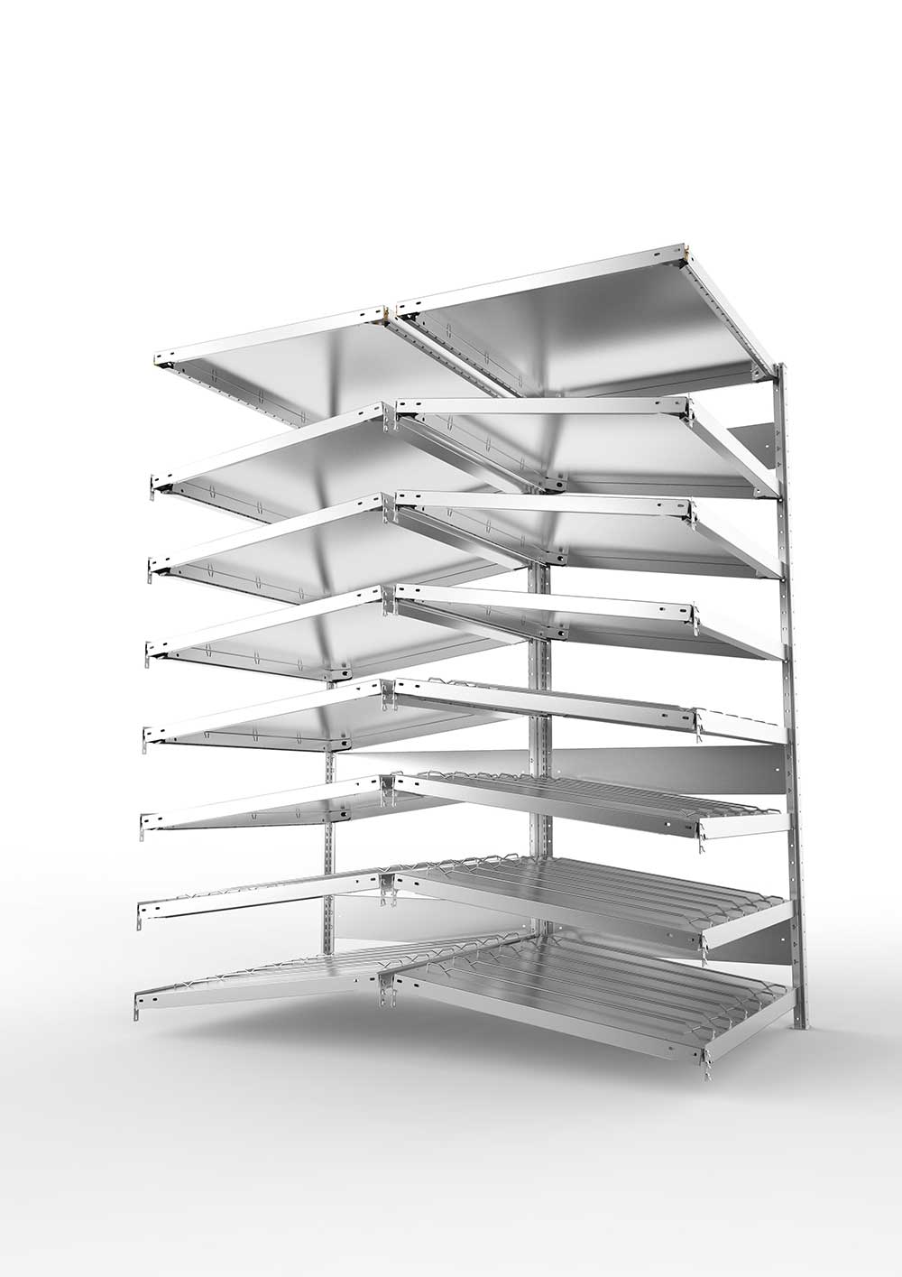 Metallregal Schrägbodenregal Metallregal 14° S3 Doppelanbauregal für Regalsystem Metall 2000 x 1000 x1600 ( 2 x 800 ) vzk kpl. ( KANBAN )Doppelzeiliges Regal mit 16 Böden (230 kg Tragkr.)